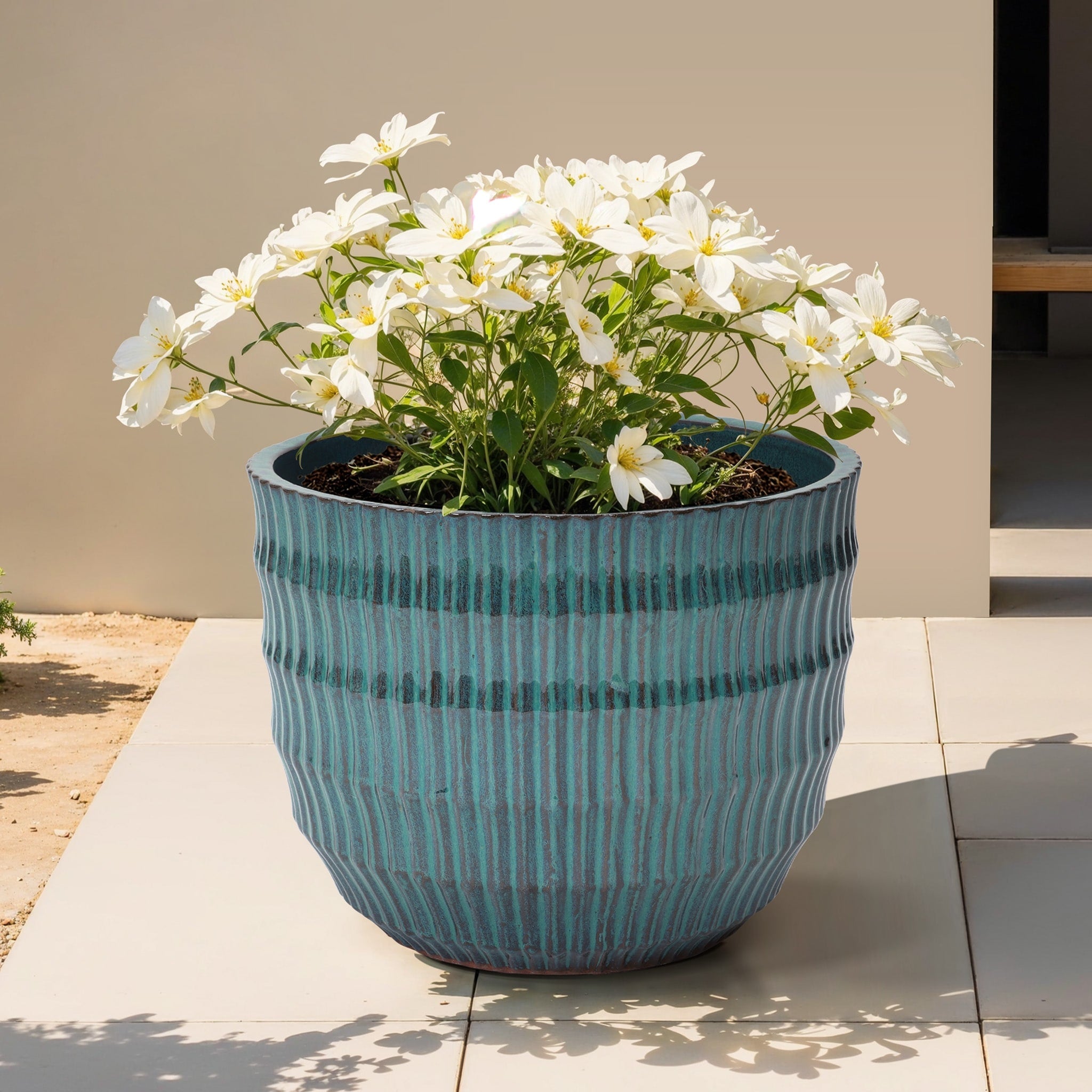 Boho Coastal 11.2 Tall Ceramic Planter Round Pot With Weathered Blue Finish 11.22 H X 14.17 Diameter