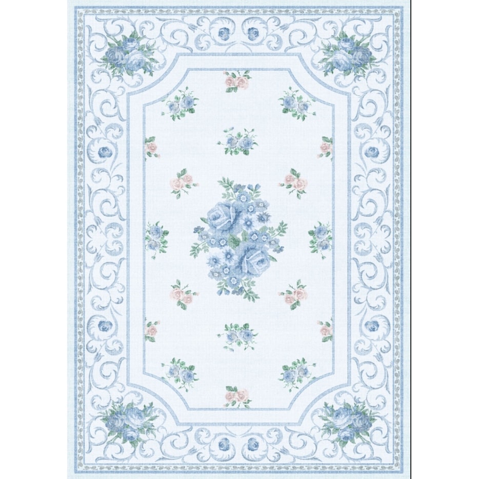 Boho Floral Machine Washable Rug Anti Slip Low Pile Carpet Soft Faux Wool Oeko Tex 5X7 8X10 Pink Blue