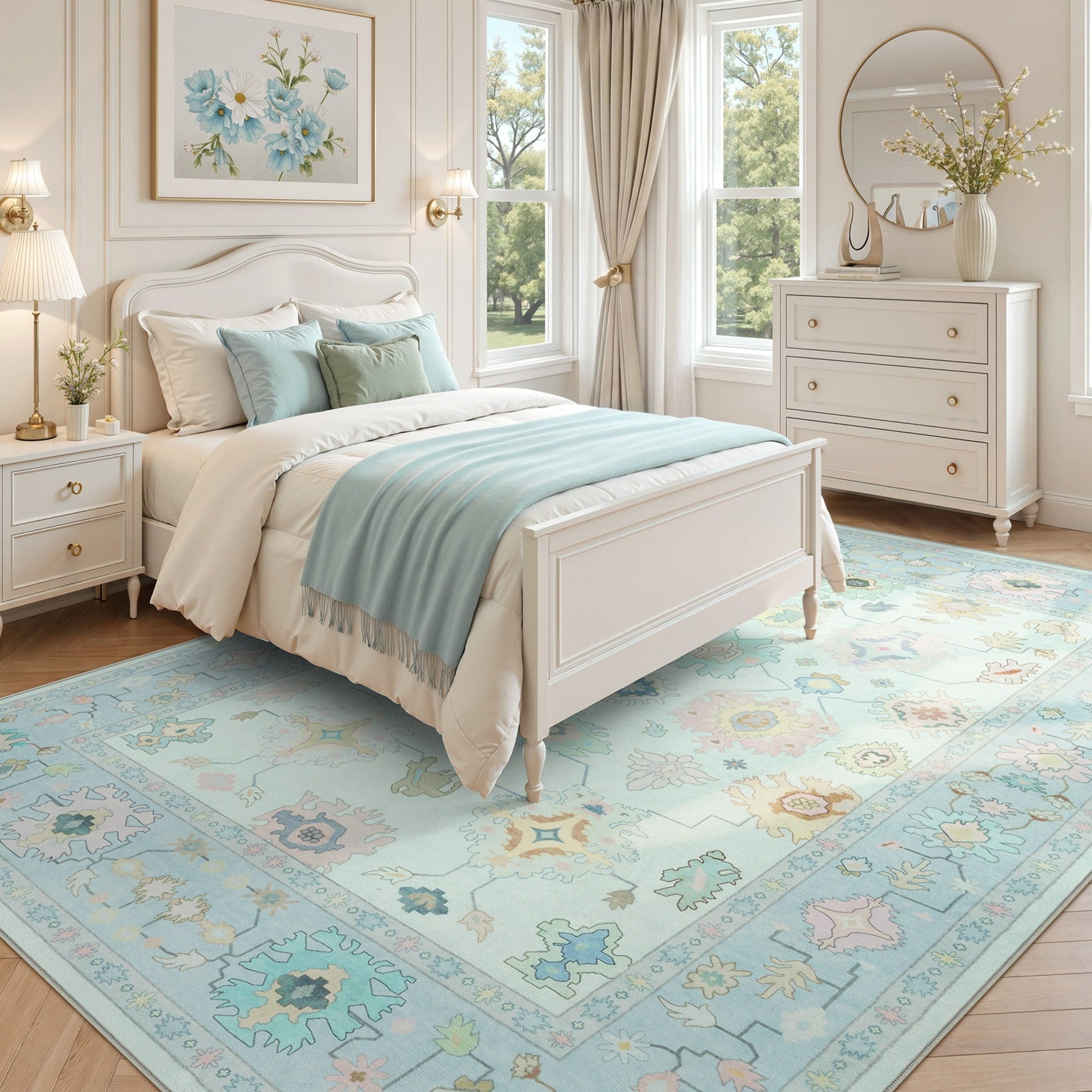 Boho Oushak Area Rugs Colorful Indoor Non Slip Rugs Washable Soft 5 X 7 Mint Blue
