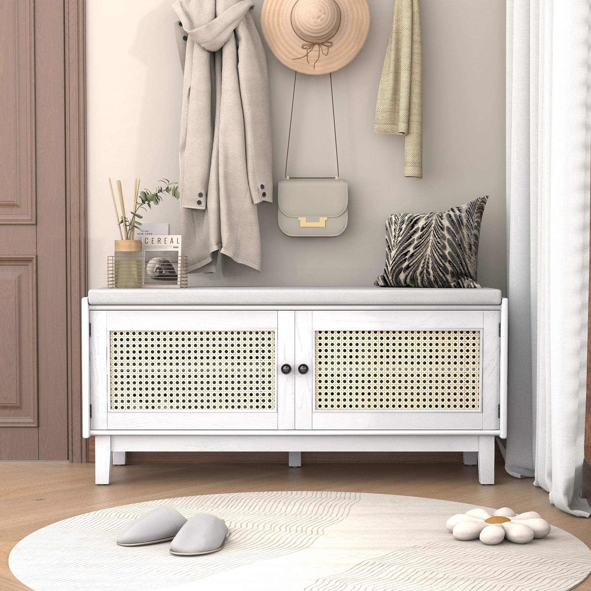 Boho Rattan Entryway Storage Bench With Double Doors