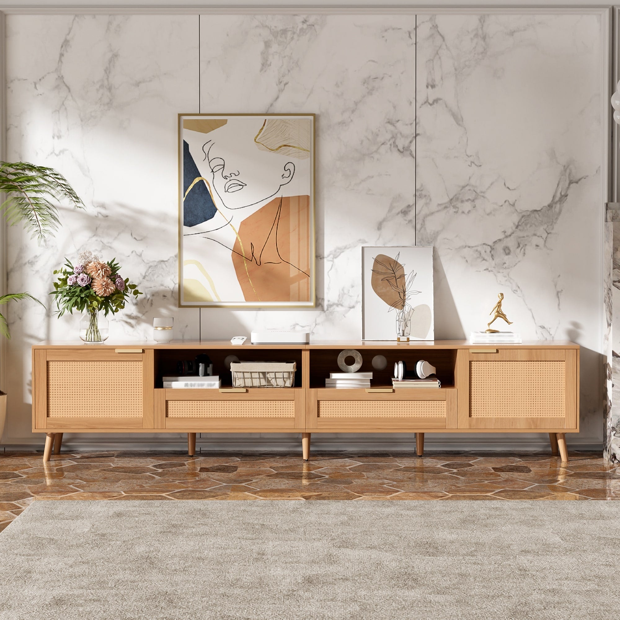 Boho Rattan Tv Stand Media Console Table Tv Cabinet For Tvs Up To 85 Natural