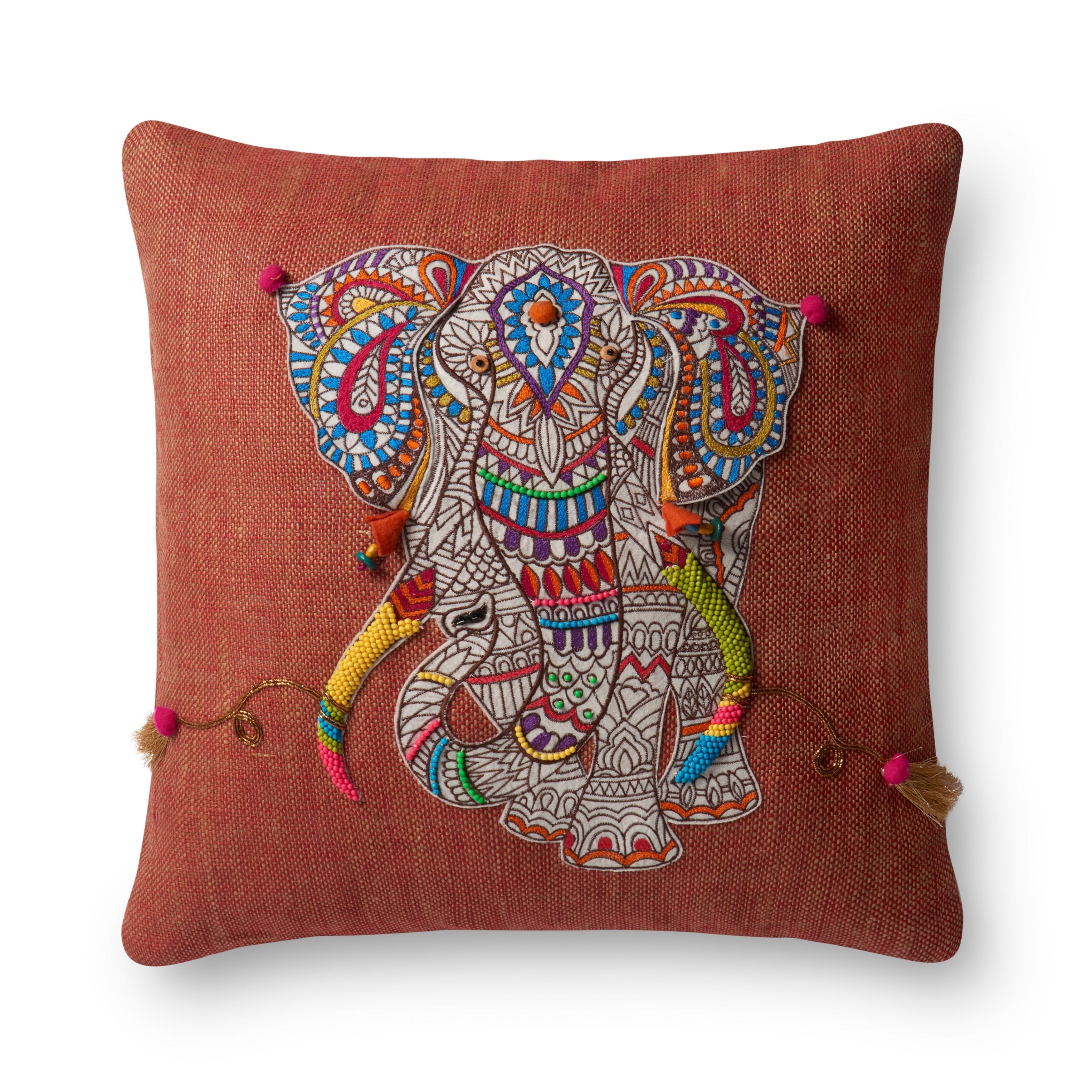 Boho Rust Beaded Elephant Applique 18 Inch Pillow Cover