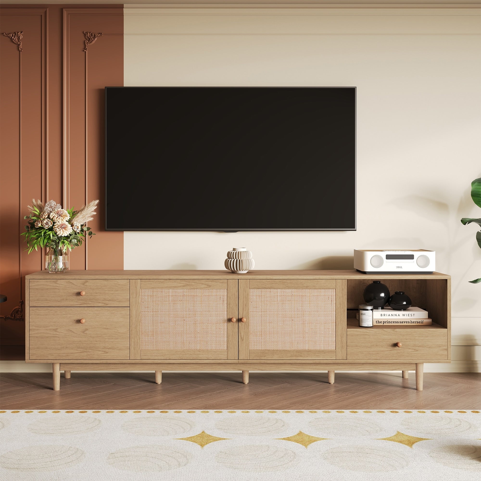 Boho Tv Stand With Rattan Doors And Open Storage For 65 To 85 Inch Tvs