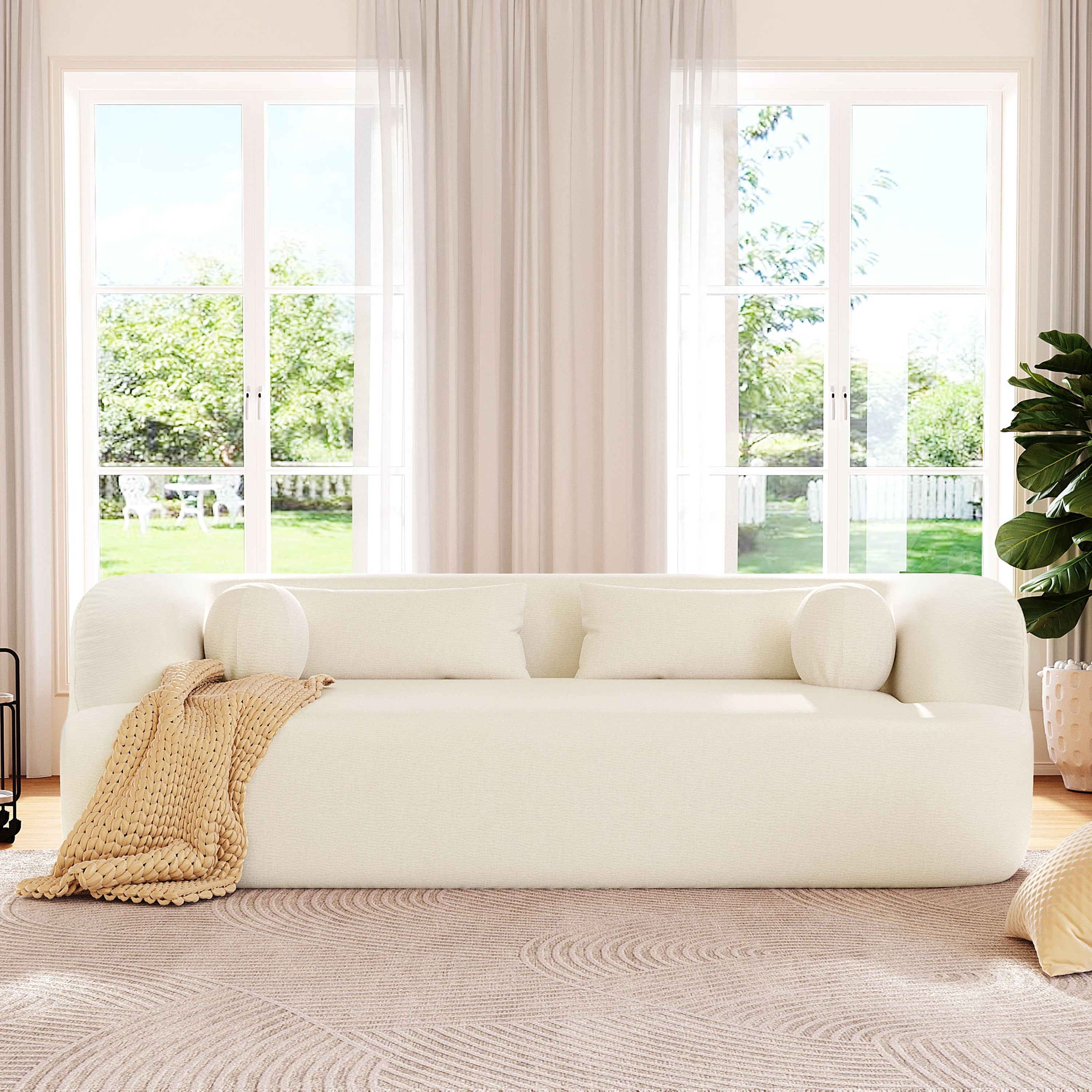 Boneless Couch Beige Upholstered Sofa With Pillows 3 Seater Sofa Couch Settee Couch For Living Room