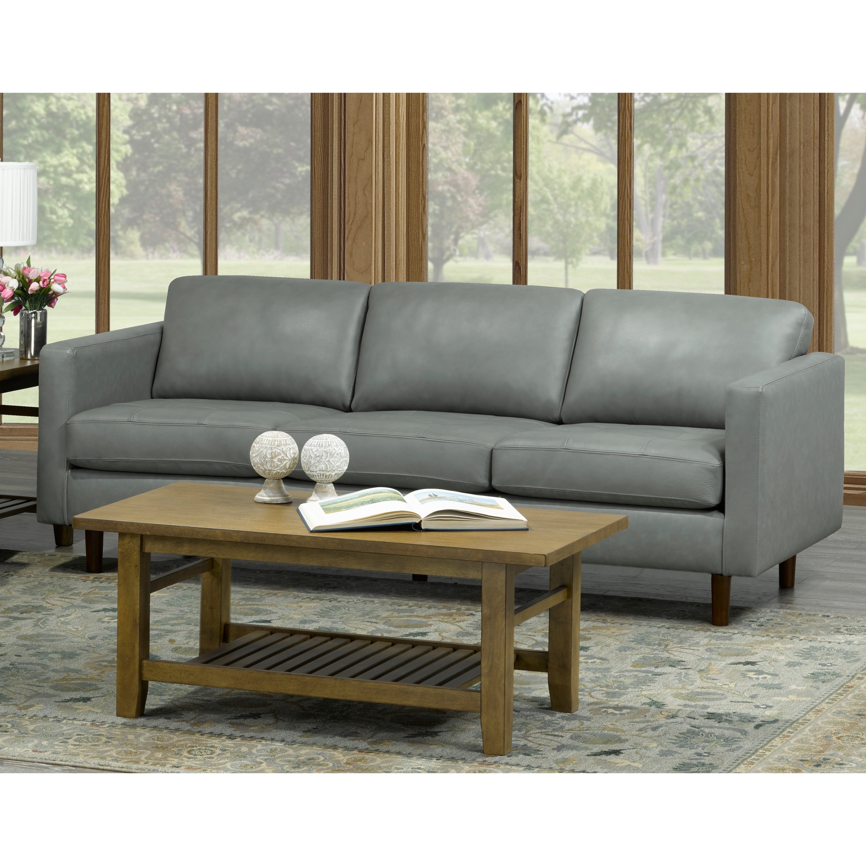 Booker Mid Century Modern Grey Top Grain Italian Leather Tufted Sofa