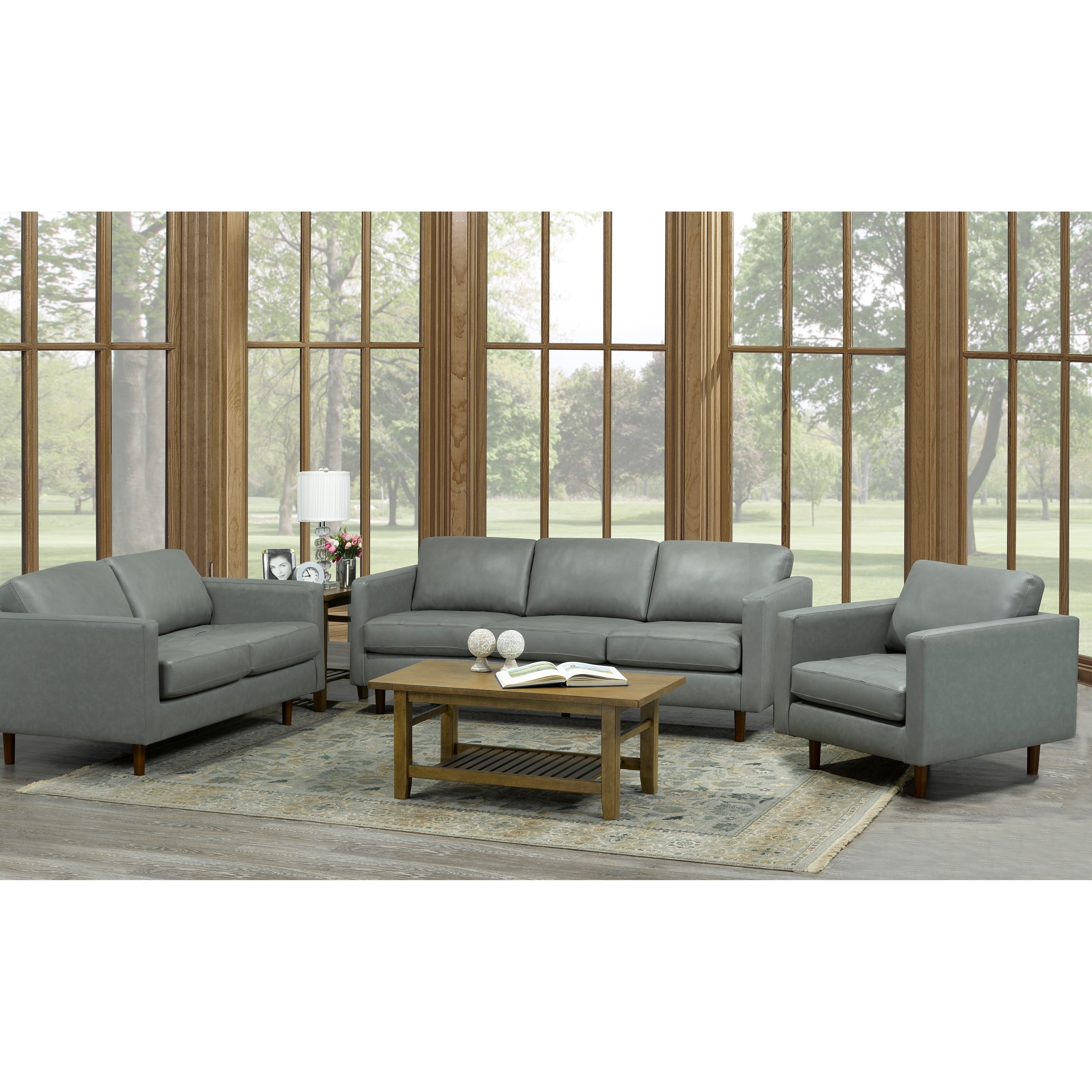 Booker Mid Century Modern Grey Top Grain Italian Leather Tufted Sofa Loveseat And Chair