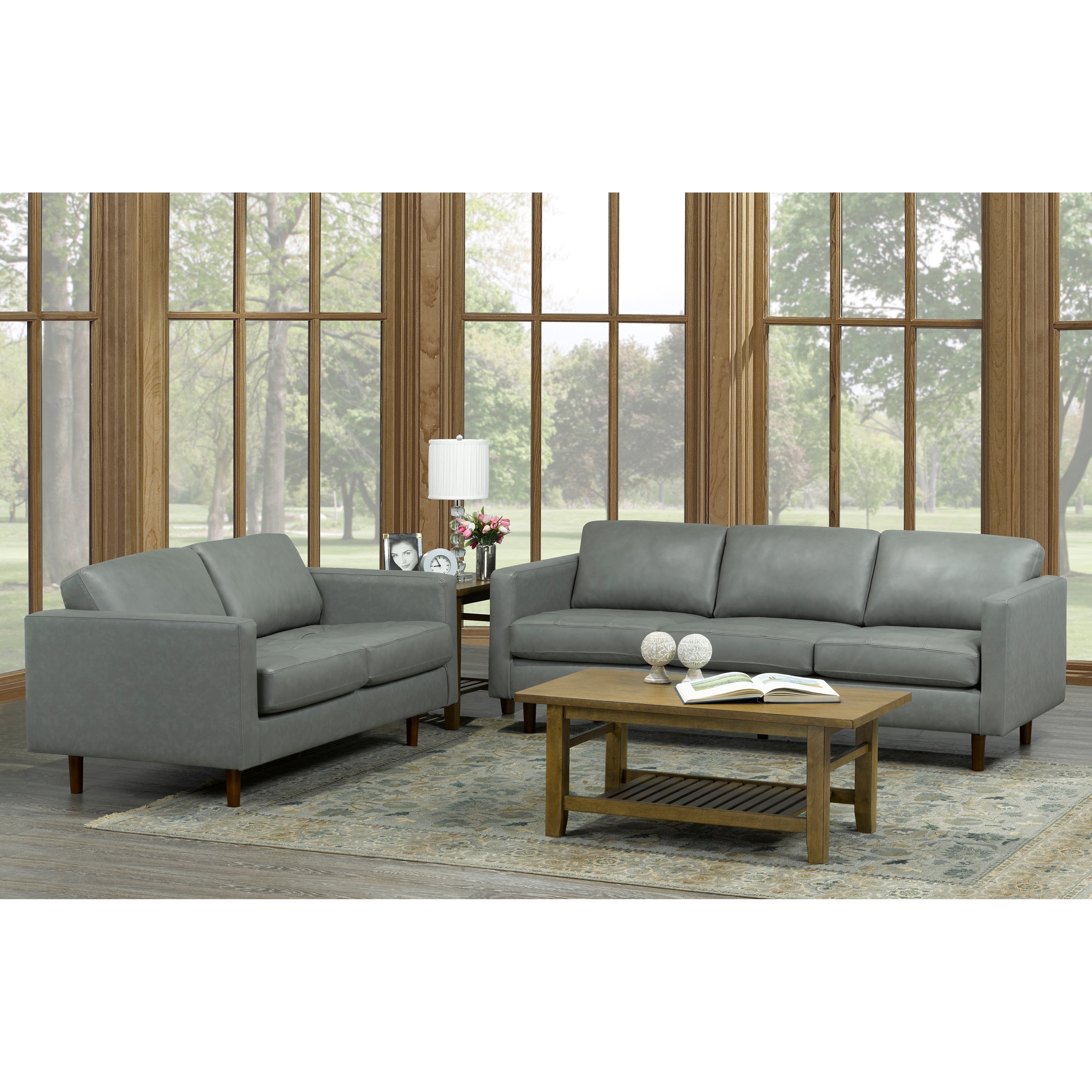 Booker Mid Century Modern Grey Top Grain Italian Leather Tufted Sofa And Loveseat