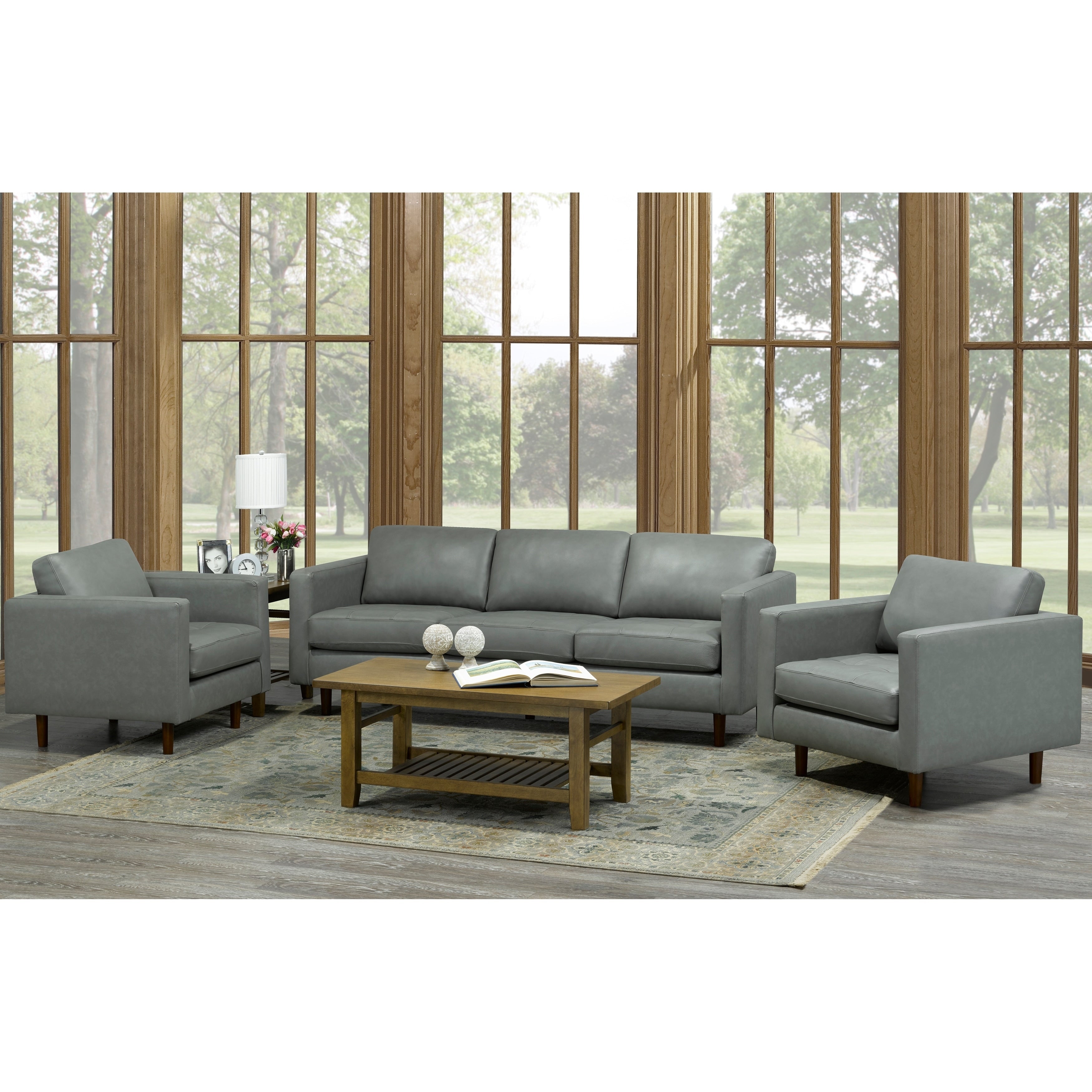 Booker Mid Century Modern Grey Top Grain Italian Leather Tufted Sofa And Two Chairs