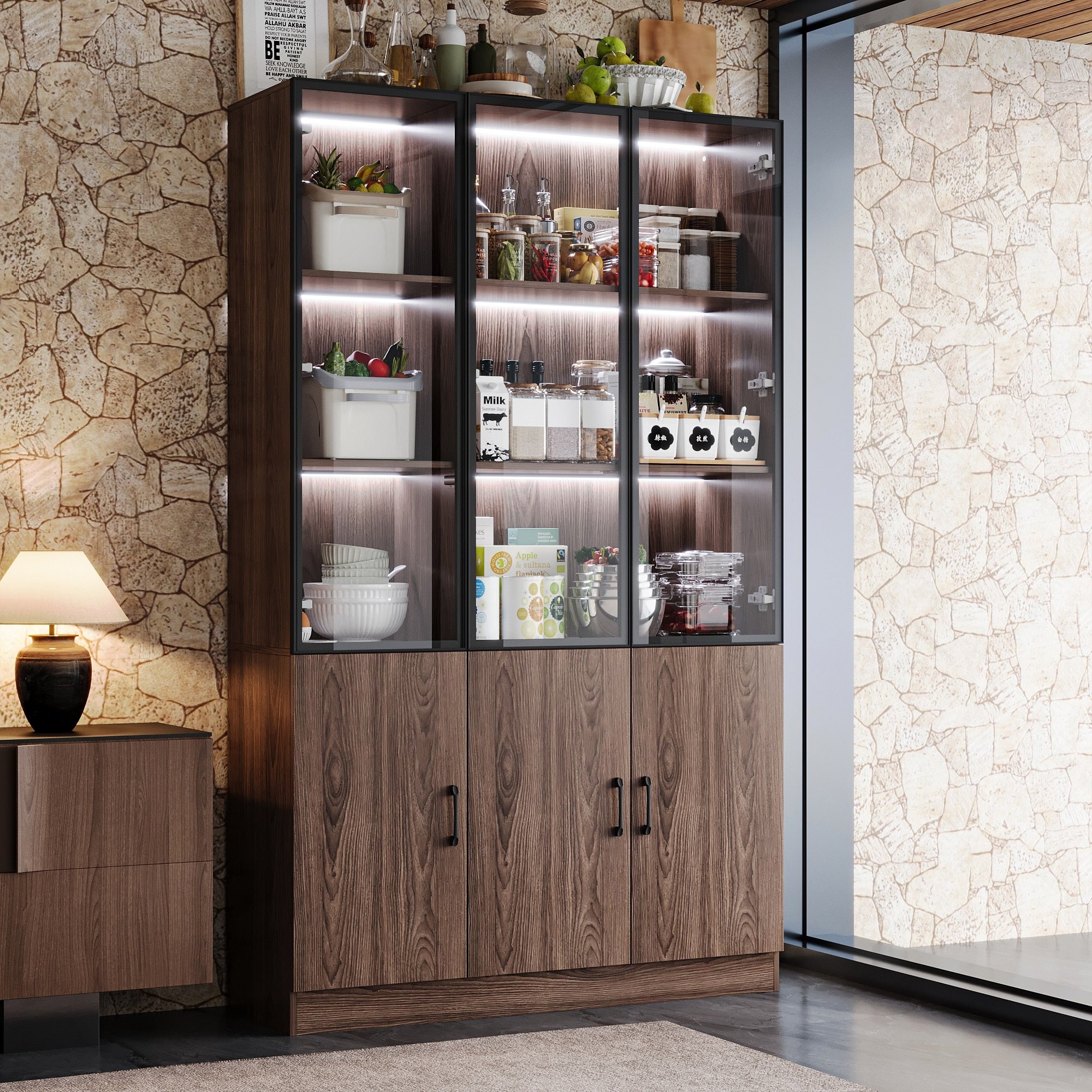 Bookshelves Bookcase Modular Glass Display Cabinet With Led Lights Dark Wood Storage Combination Cabinet System