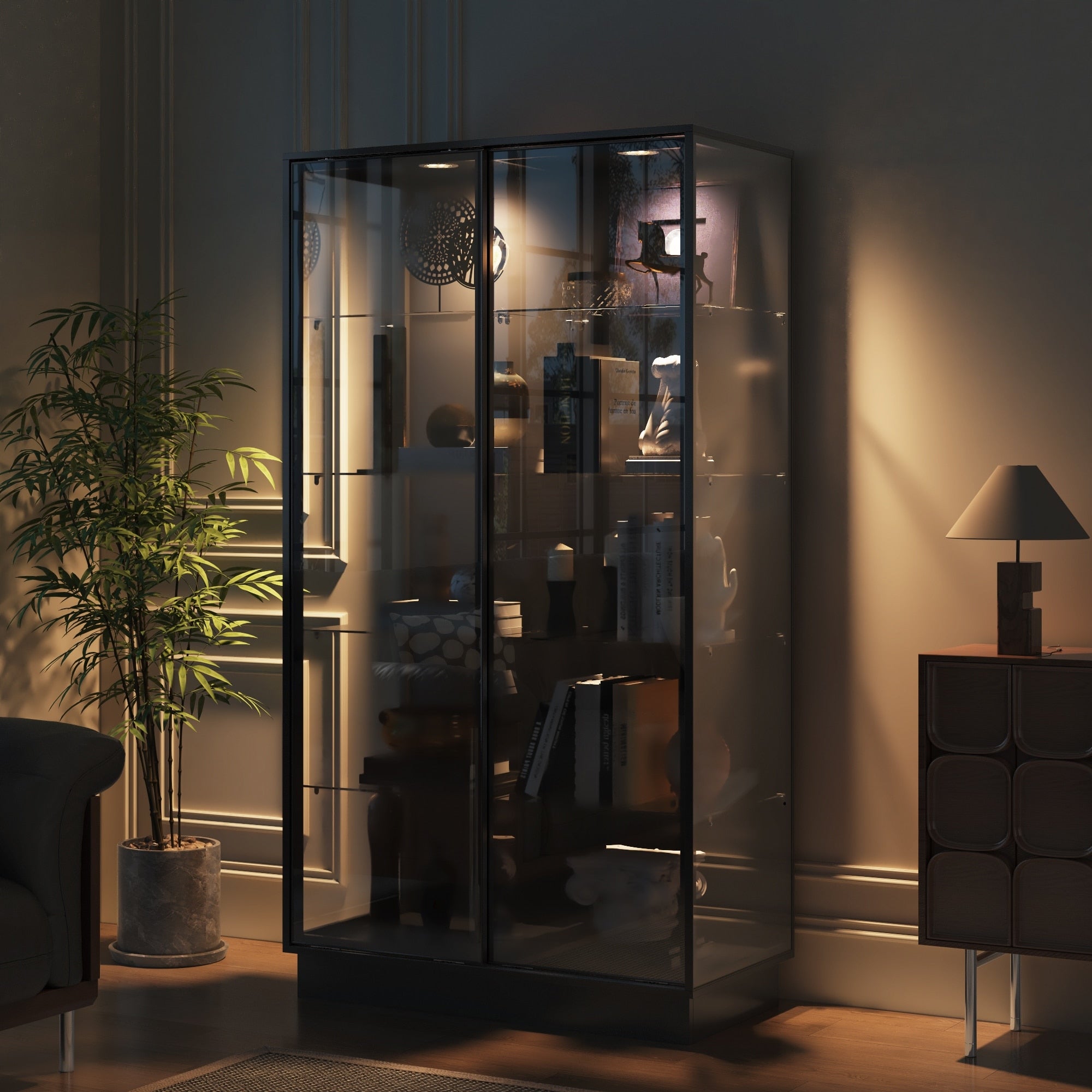 Bookshelves Glass Display Cabinet With Led Spotlight 72.8 Tall Curio Cabinet With Tempered Glass Shelves