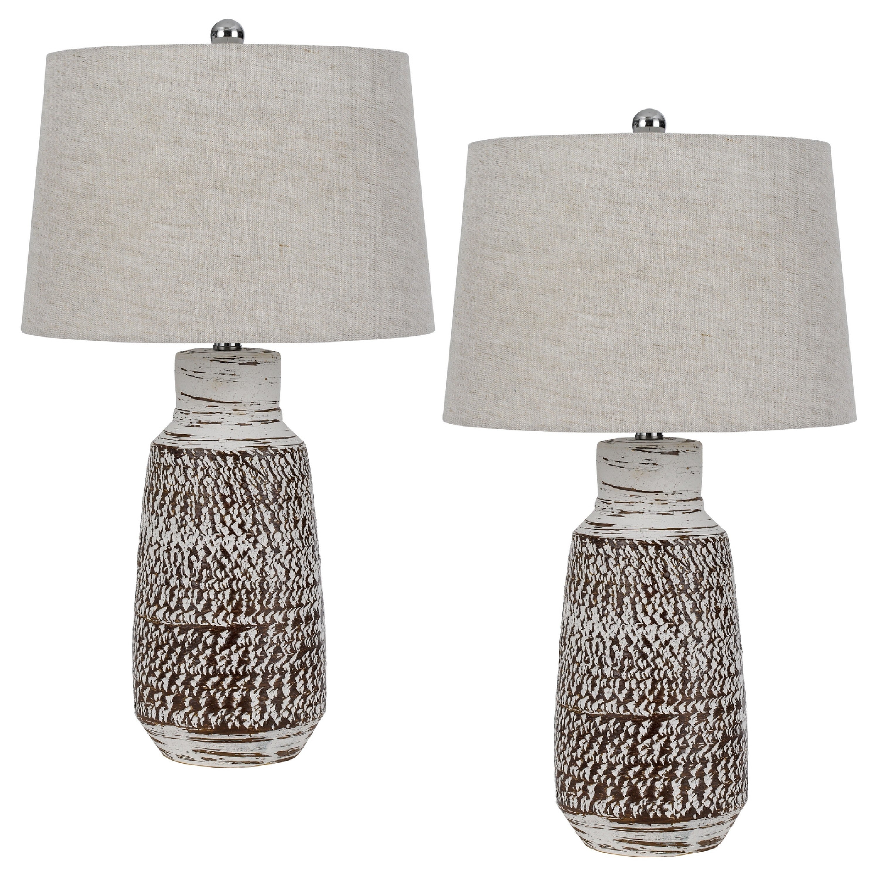 Bora Table Lamp Set Of 2 Burlap Shade Brown Ceramic Distressed White