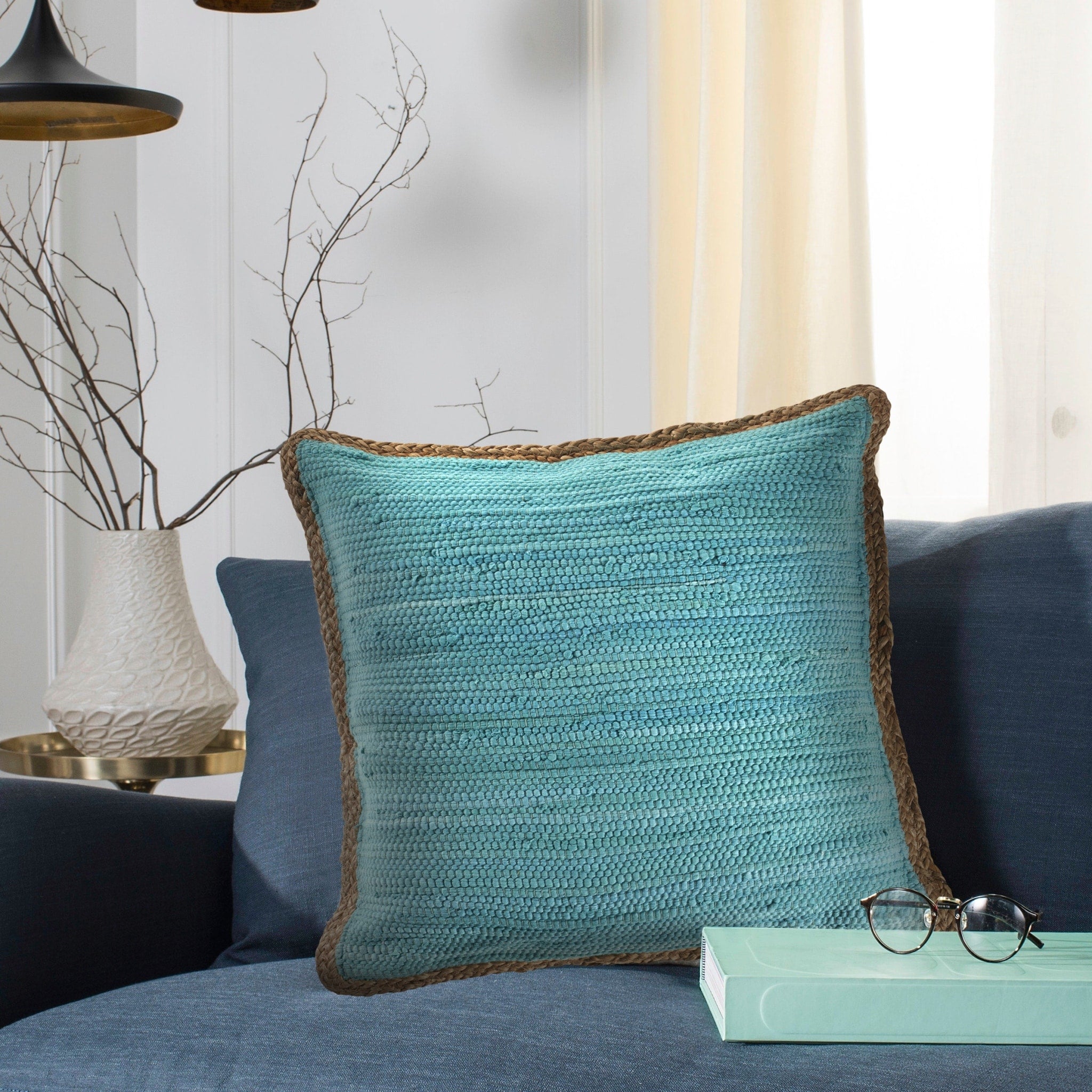 Bordered Blue Turquoise Throw Pillow