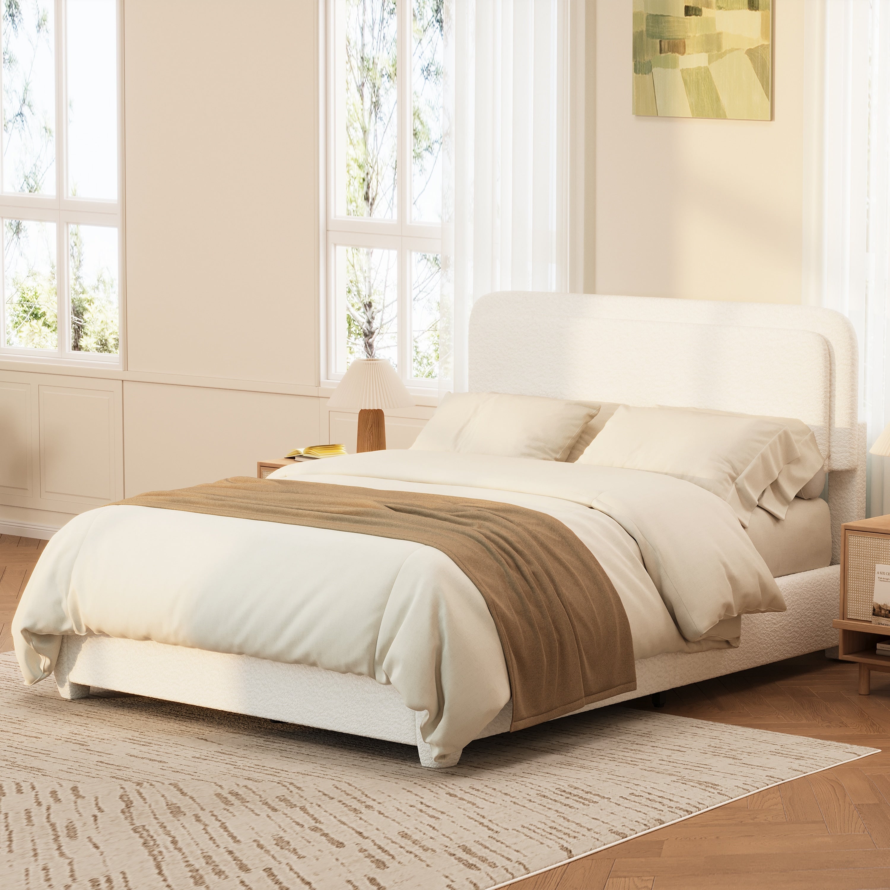 Boucle Full Bed Frame With Adjustable Height Headboard Curved Cloud Headboard Elegant Boucle Fabric Low Profile Platform Bed