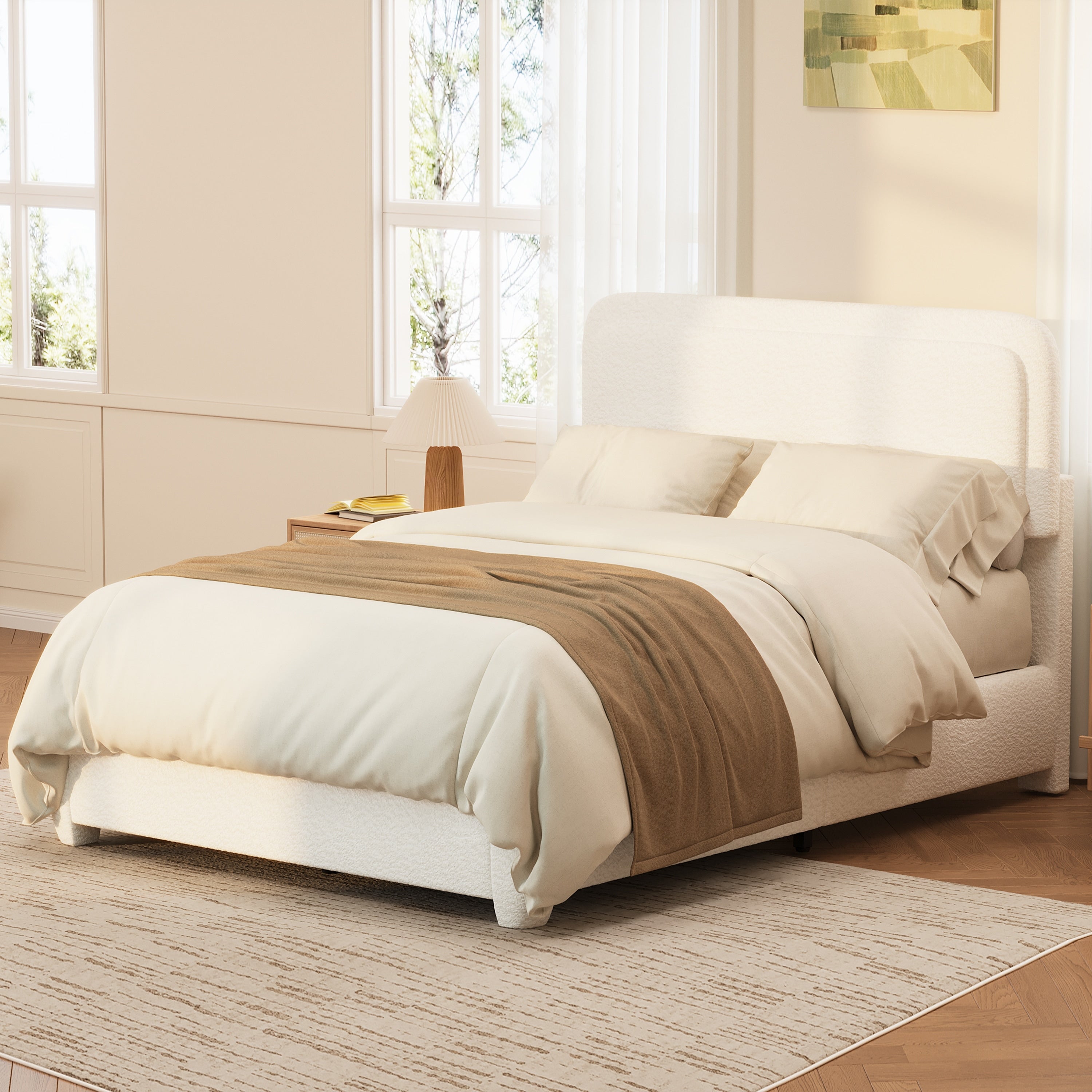Boucle Queen Bed Frame With Adjustable Height Headboard With Curved Cloud Elegant Boucle Fabric Low Profile Platform Bed