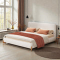 Boucle Upholstered Bed Frame Soft White Fabric Platform Bed With Solid Wood Legs