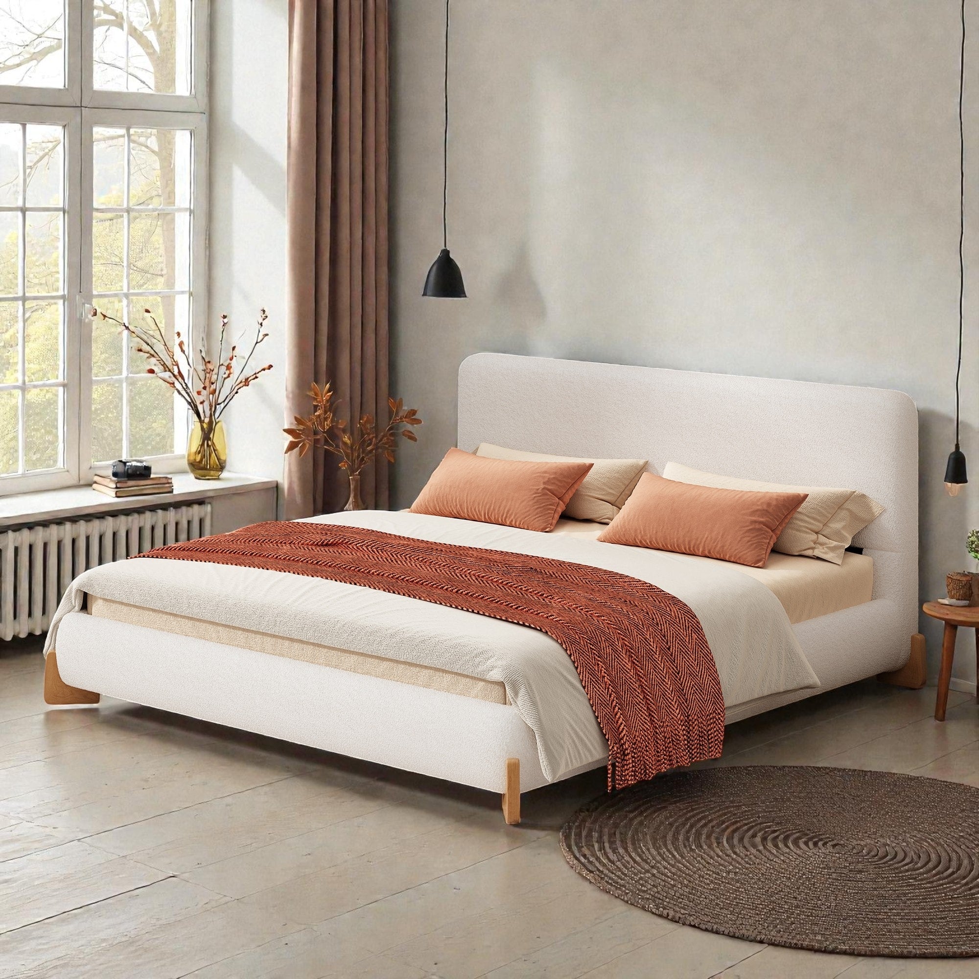 Boucle Upholstered Bed Frame Soft White Fabric Platform Bed With Solid Wood Legs