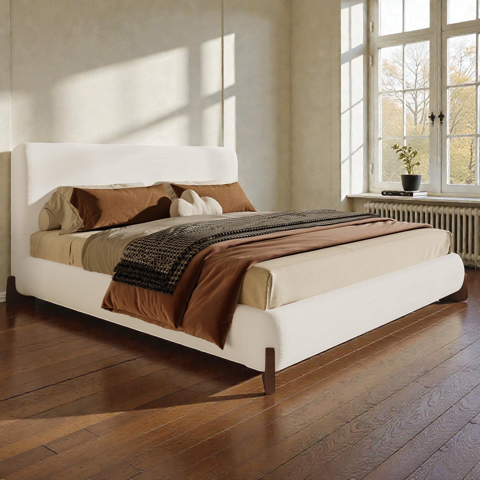 Boucle Upholstered Bed With Solid Wood Legs Modern Queen King Platform Bed Soft Fabric Bedroom Centerpiece