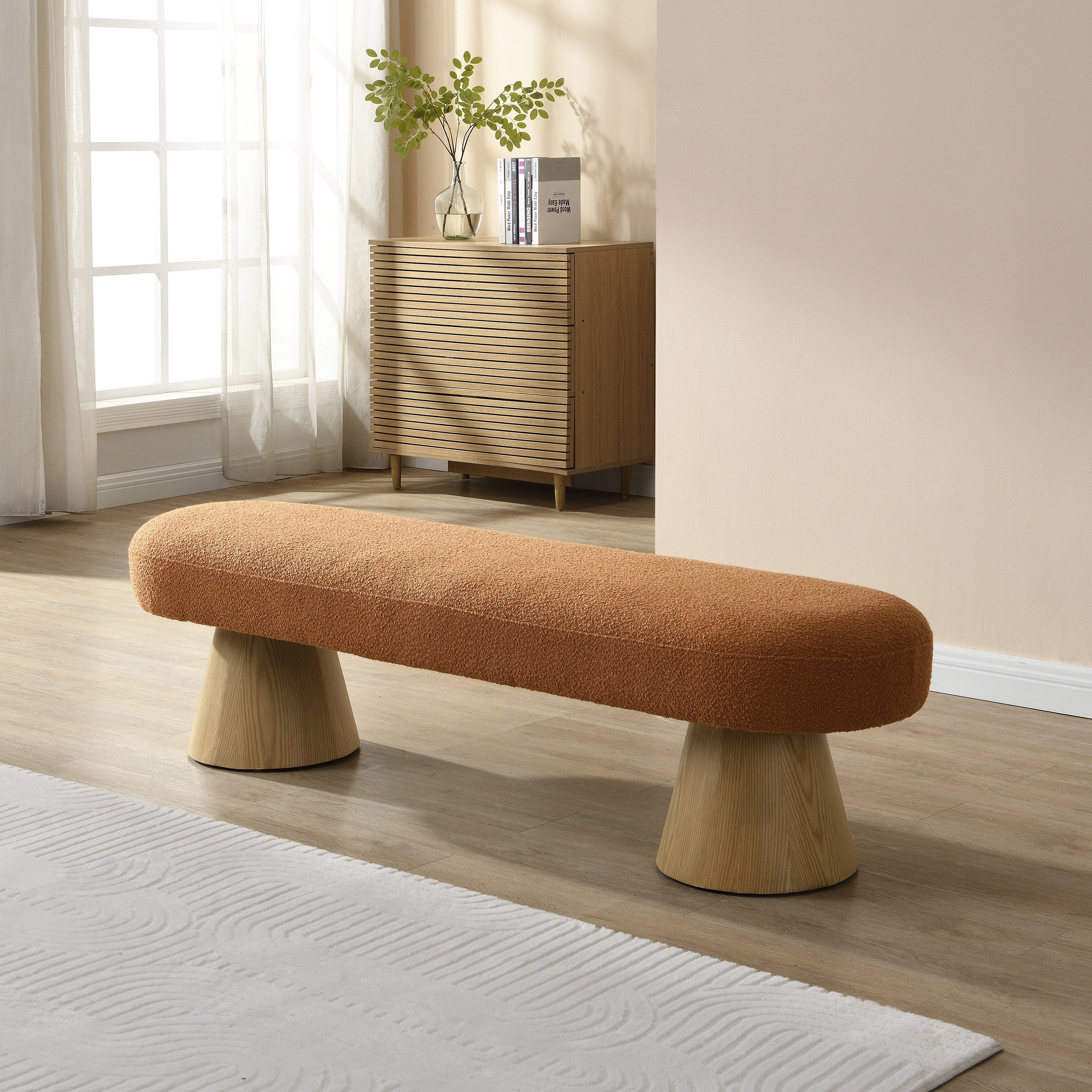 Boucle Upholstered Dining Bench With High Density Foam For Living Room