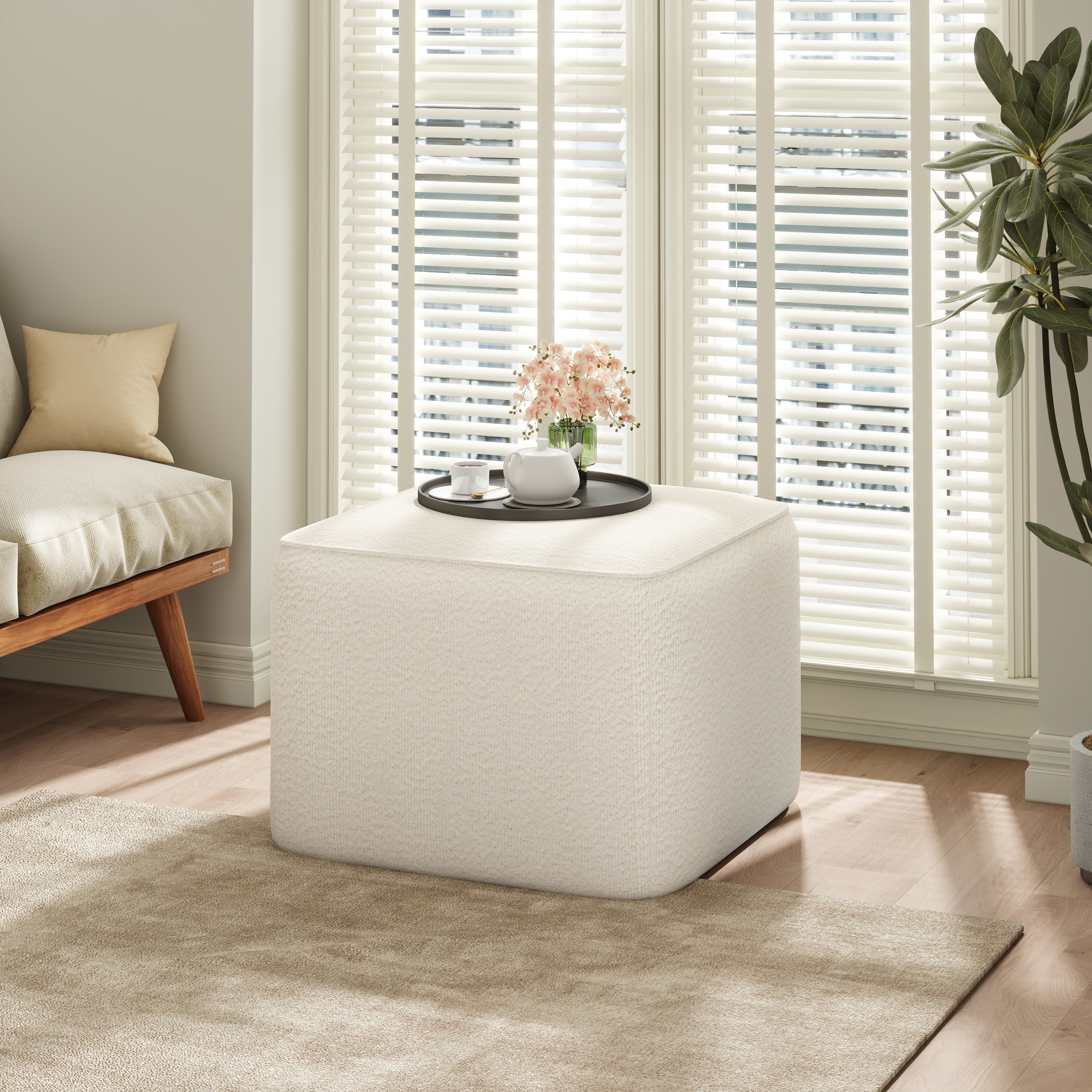 Boucle Upholstered Square Ottoman White Soft Living Room Accent