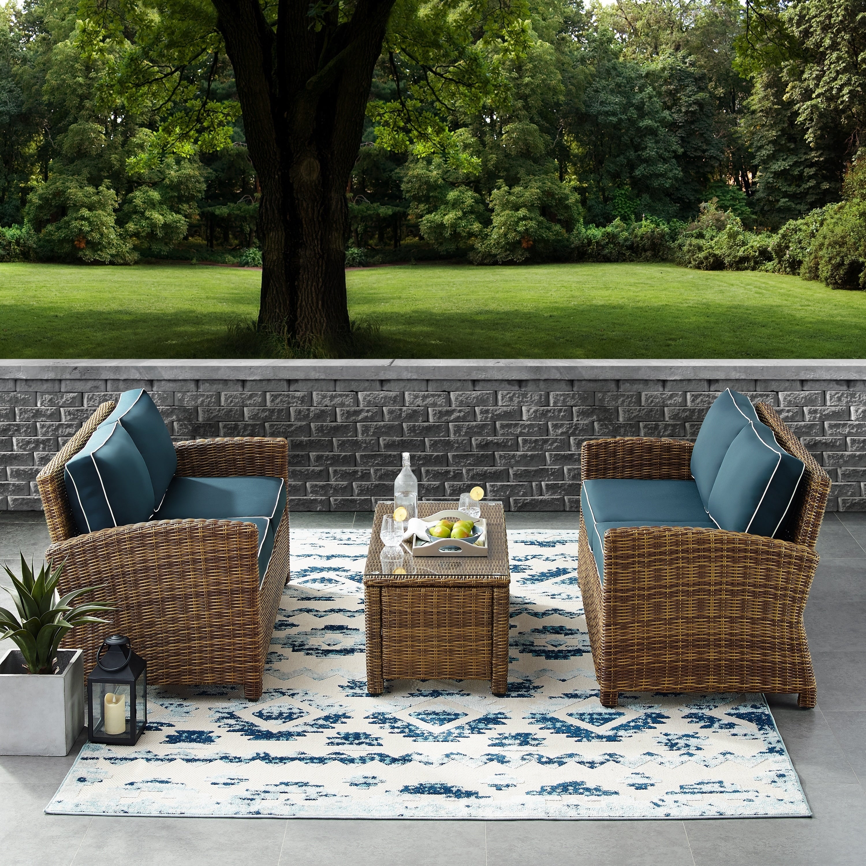 Bradenton 3 Piece Outdoor Wicker Seating Set With Navy Cushions