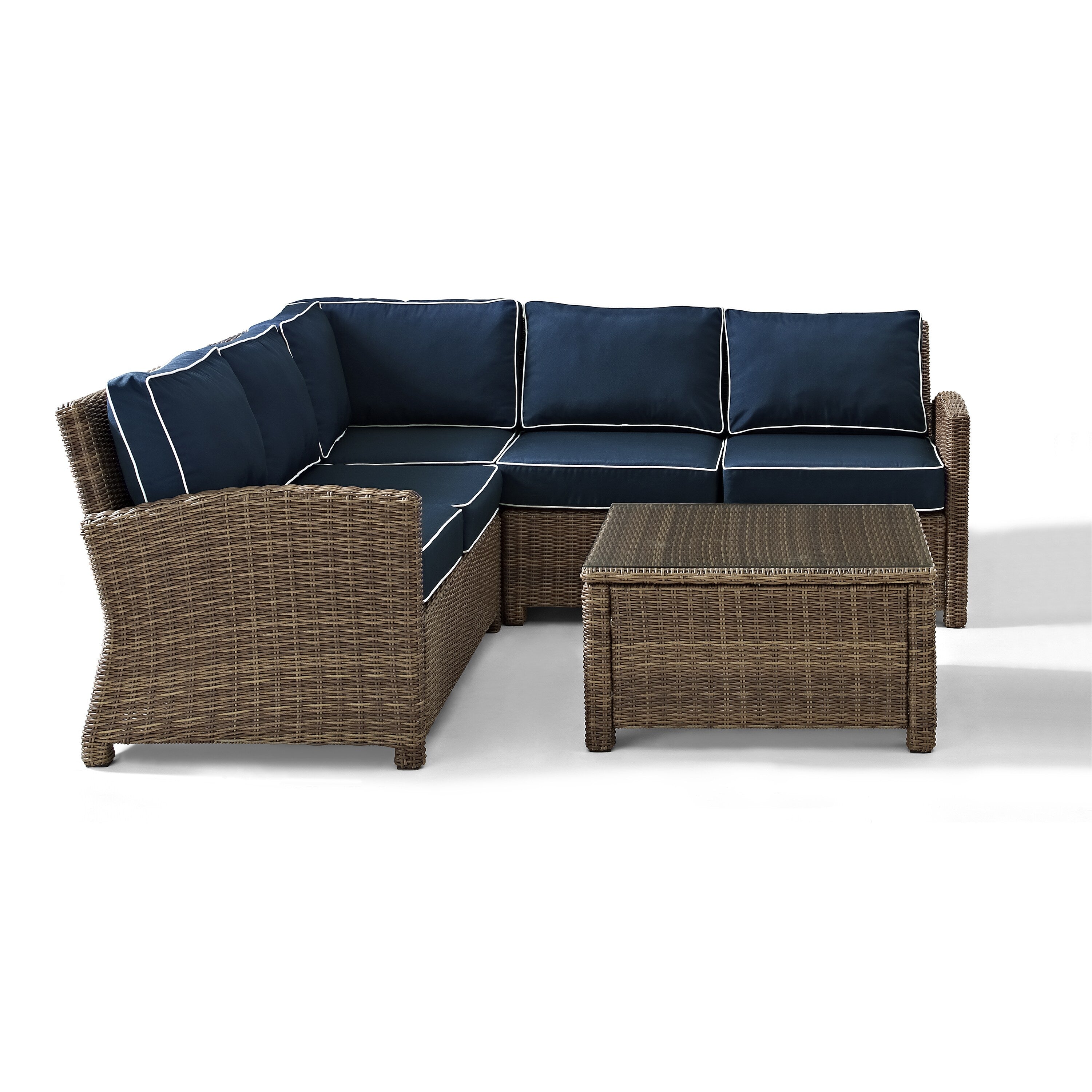Bradenton Outdoor Wicker 4 Piece Sectional Seating Set With Navy Cushions