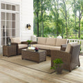 Bradenton 5 Piece Outdoor Wicker Set With Sand Cushions Sofa Two Arm Chairs Side Table Glass Top Table