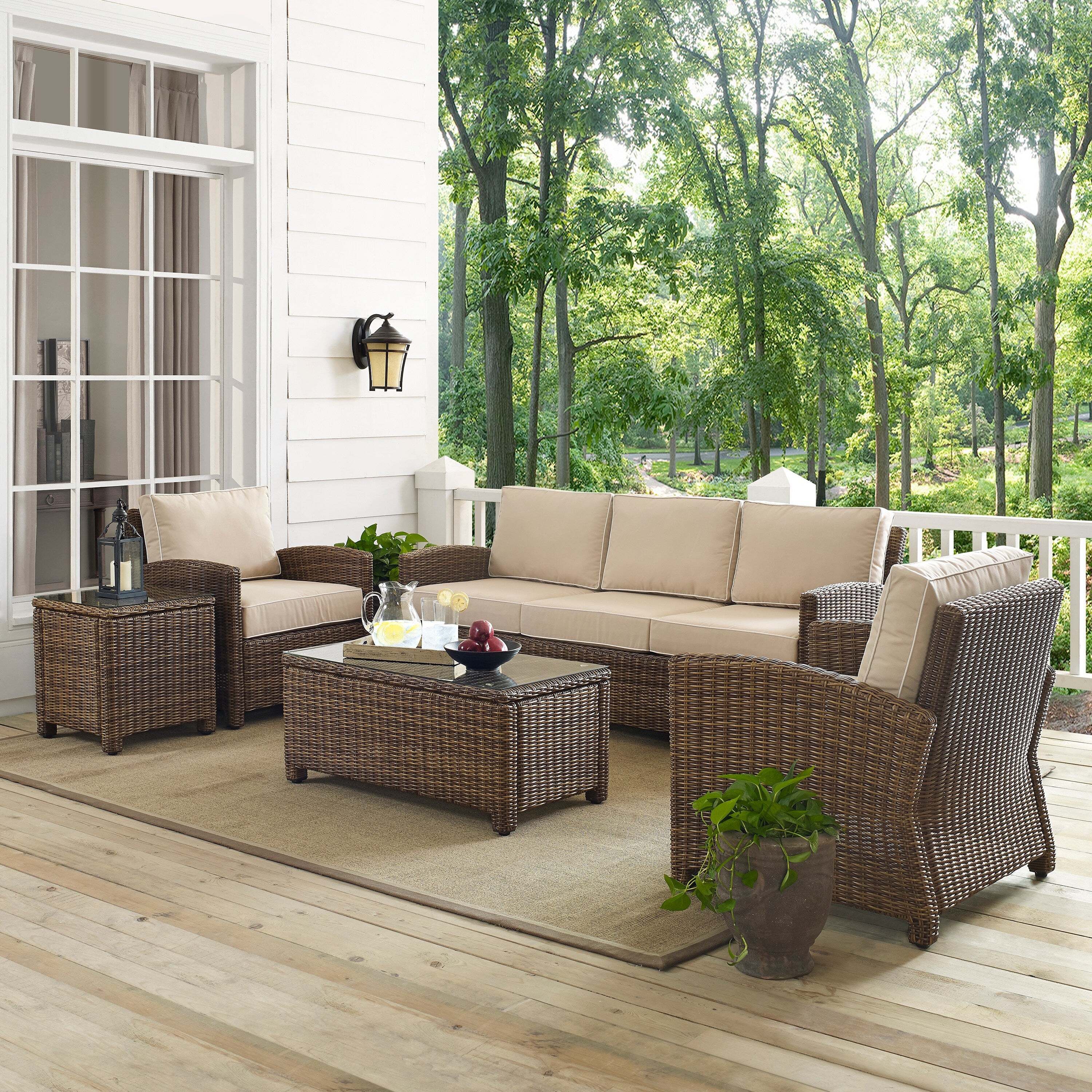 Bradenton 5 Piece Outdoor Wicker Set With Sand Cushions Sofa Two Arm Chairs Side Table Glass Top Table
