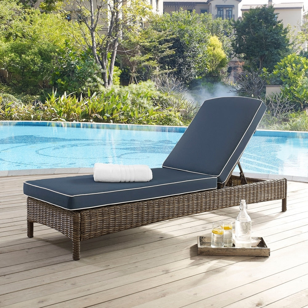 Bradenton Outdoor Wicker Chaise Lounge With Navy Cushions