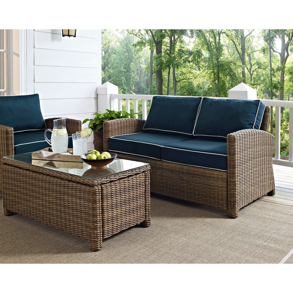 Bradenton Outdoor Wicker Loveseat With Navy Cushions