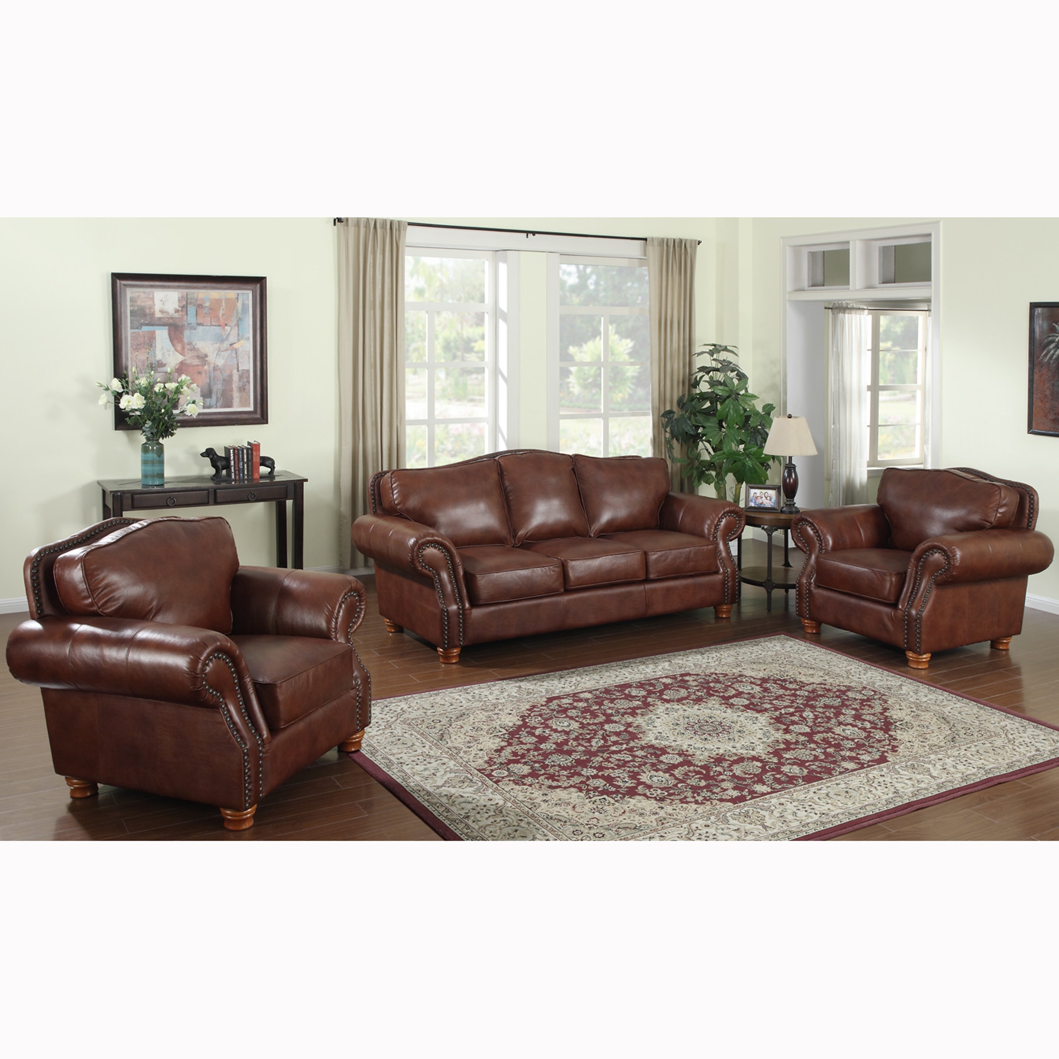 Brandon Distressed Whiskey Top Grain Italian Leather Sofa And Two Chairs