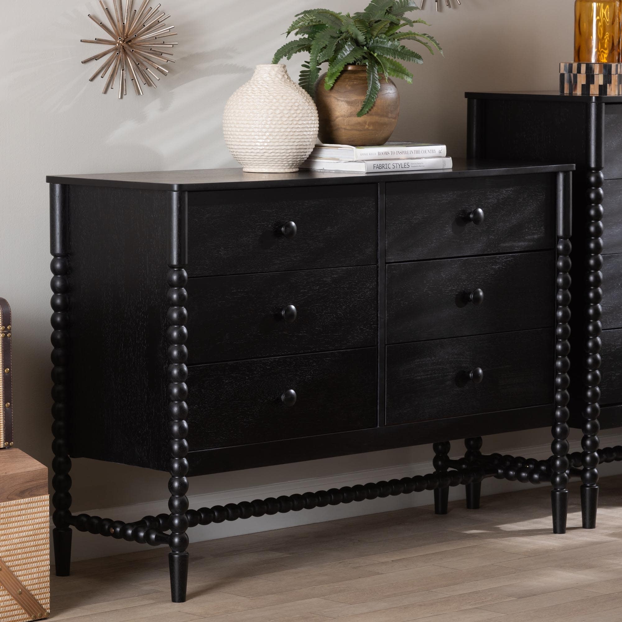 Brantley Spindle Dresser 6 Drawer Horizontal Storage Cabinet With Beaded Frame And Elevated Base For Bedroom