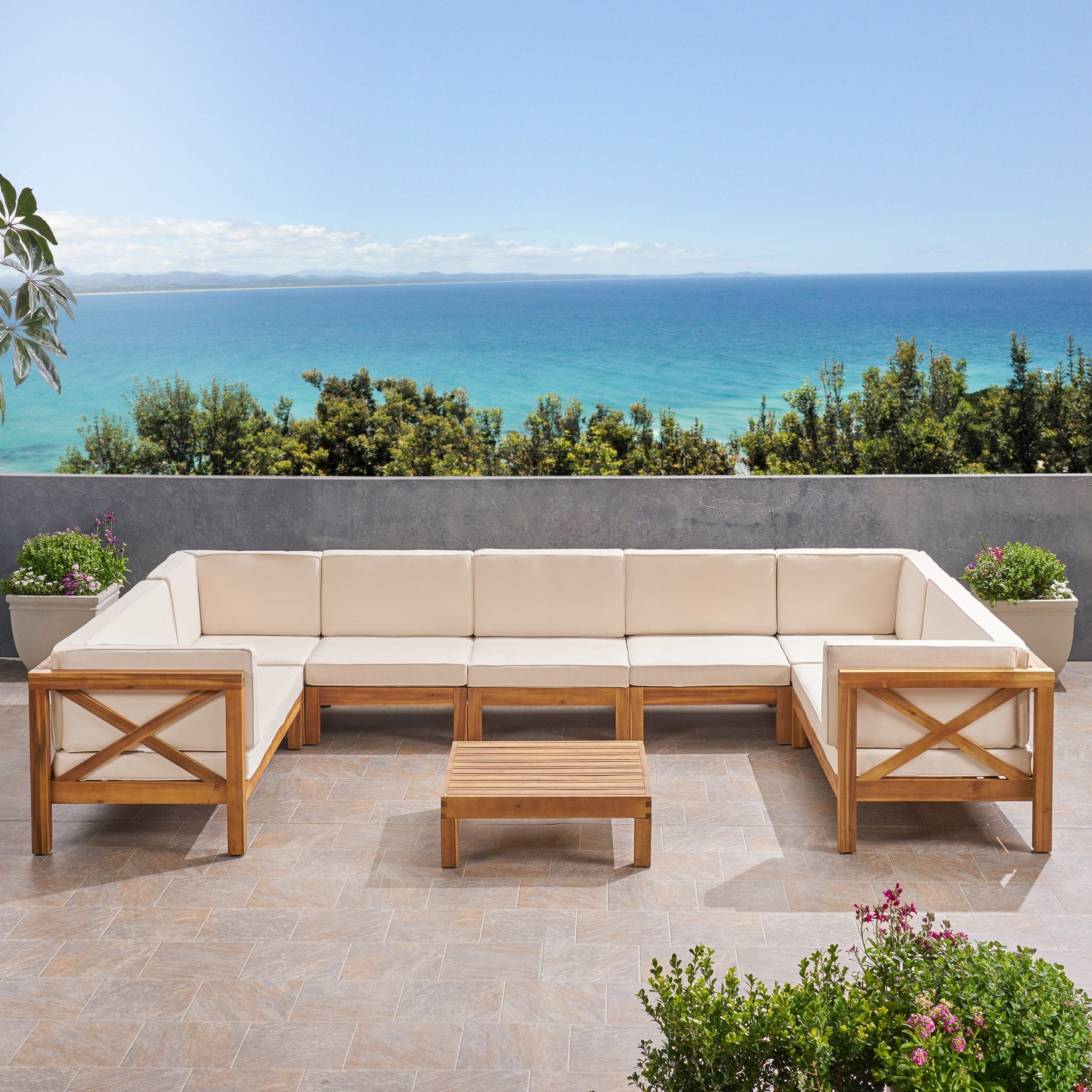 Brava Outdoor 9 Seater Acacia Wood Sectional Sofa Set By Christopher Knight Home