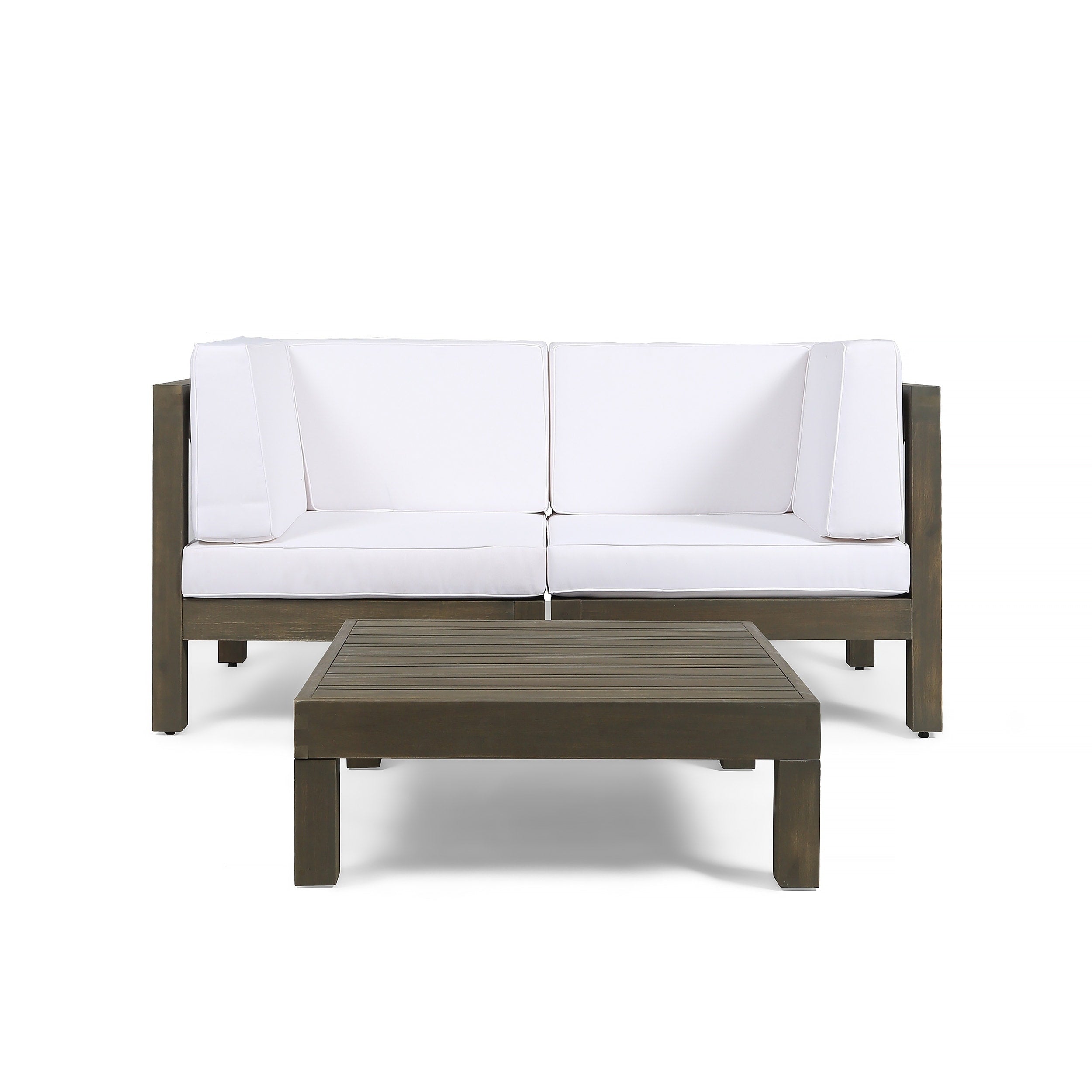 Brava Outdoor 2 Seater Sectional Acacia Wood Loveseat Set With Coffee Table And Cushions By Christopher Knight Home