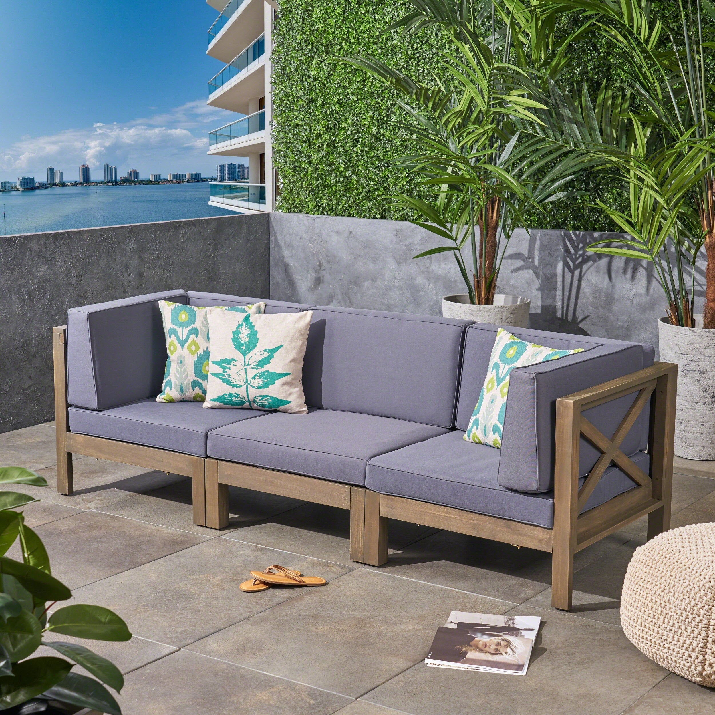 Brava Outdoor 3 Seater Sectional Acacia Wood Sofa Set With Water Resistant Cushions By Christopher Knight Home