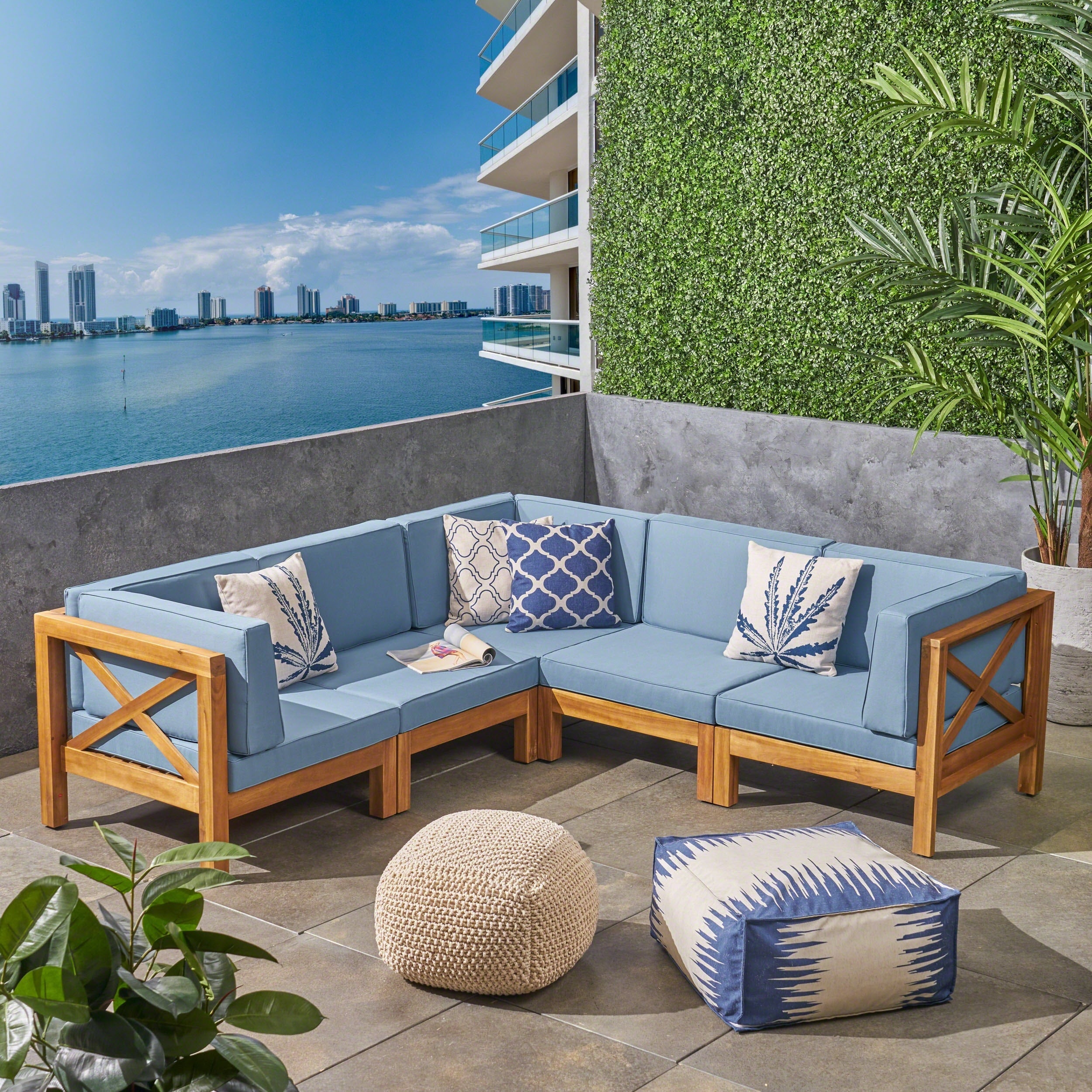 Brava Outdoor 5 Seater Acacia Wood Sectional Sofa Set With Water Resistant Cushions By Christopher Knight Home
