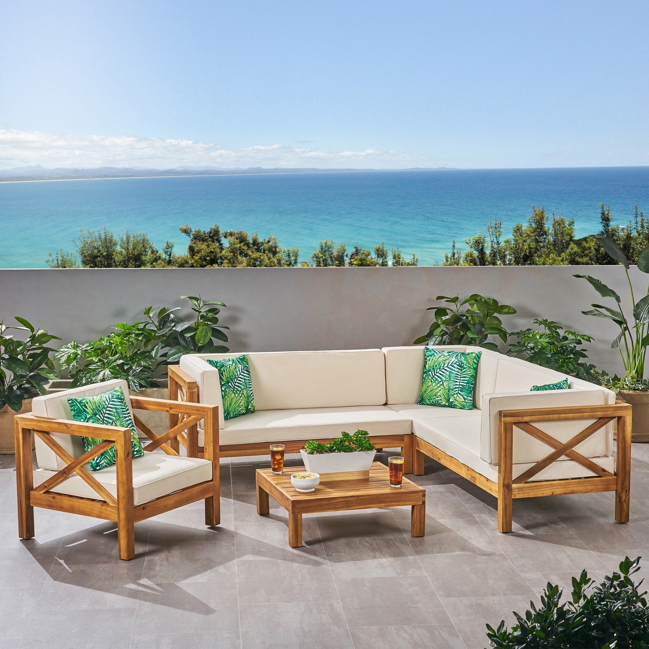 Brava Outdoor 6 Seater Acacia Wood Sectional Sofa And Club Chair Set By Christopher Knight Home