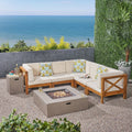 Brava Outdoor 7 Piece Acacia Wood Sectional Sofa Set With Fire Pit By Christopher Knight Home