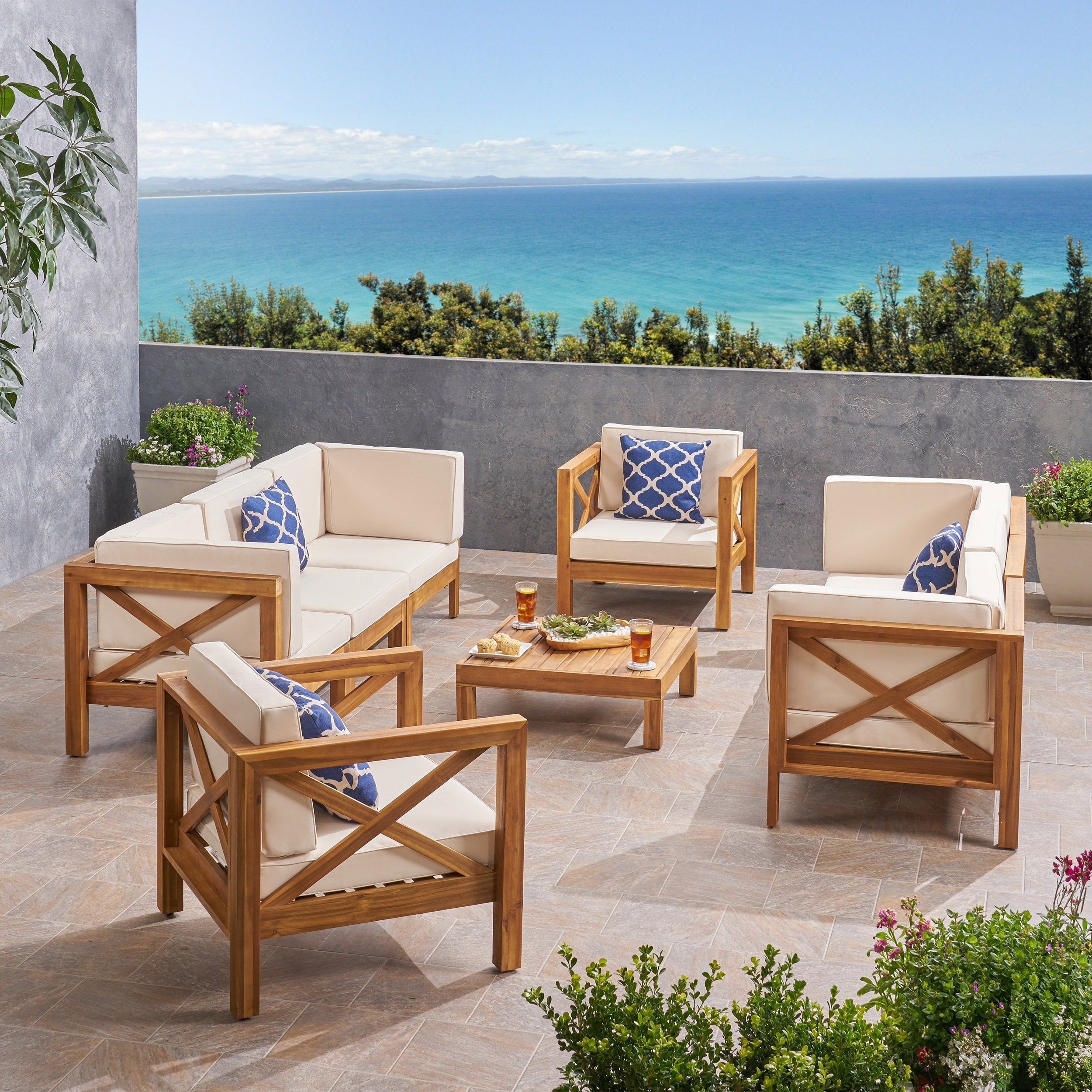 Brava Outdoor 8 Seater Acacia Wood Sofa And Club Chair Set By Christopher Knight Home