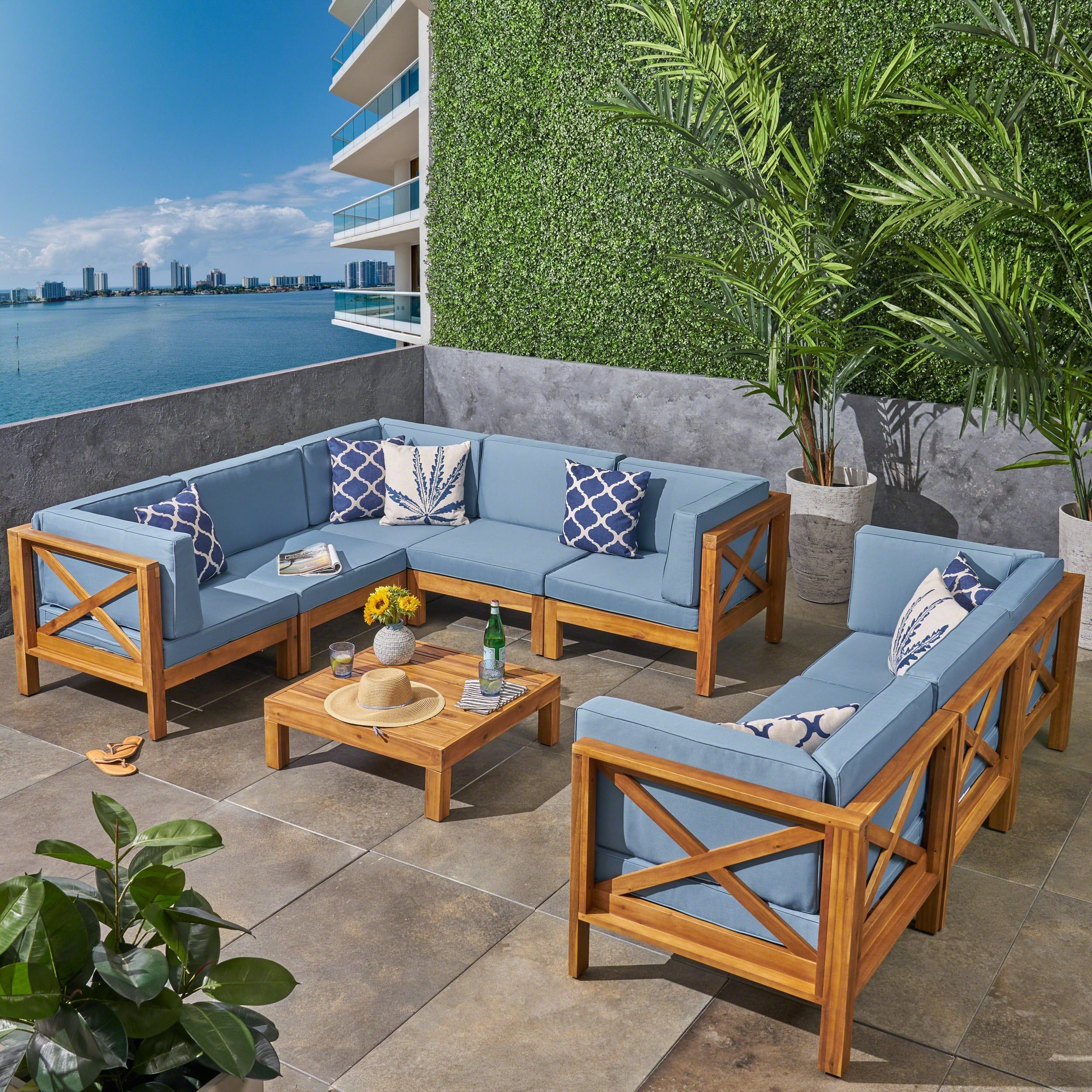 Brava Outdoor 9 Piece Acacia Wood Sectional Sofa Set With Coffee Table By Christopher Knight Home
