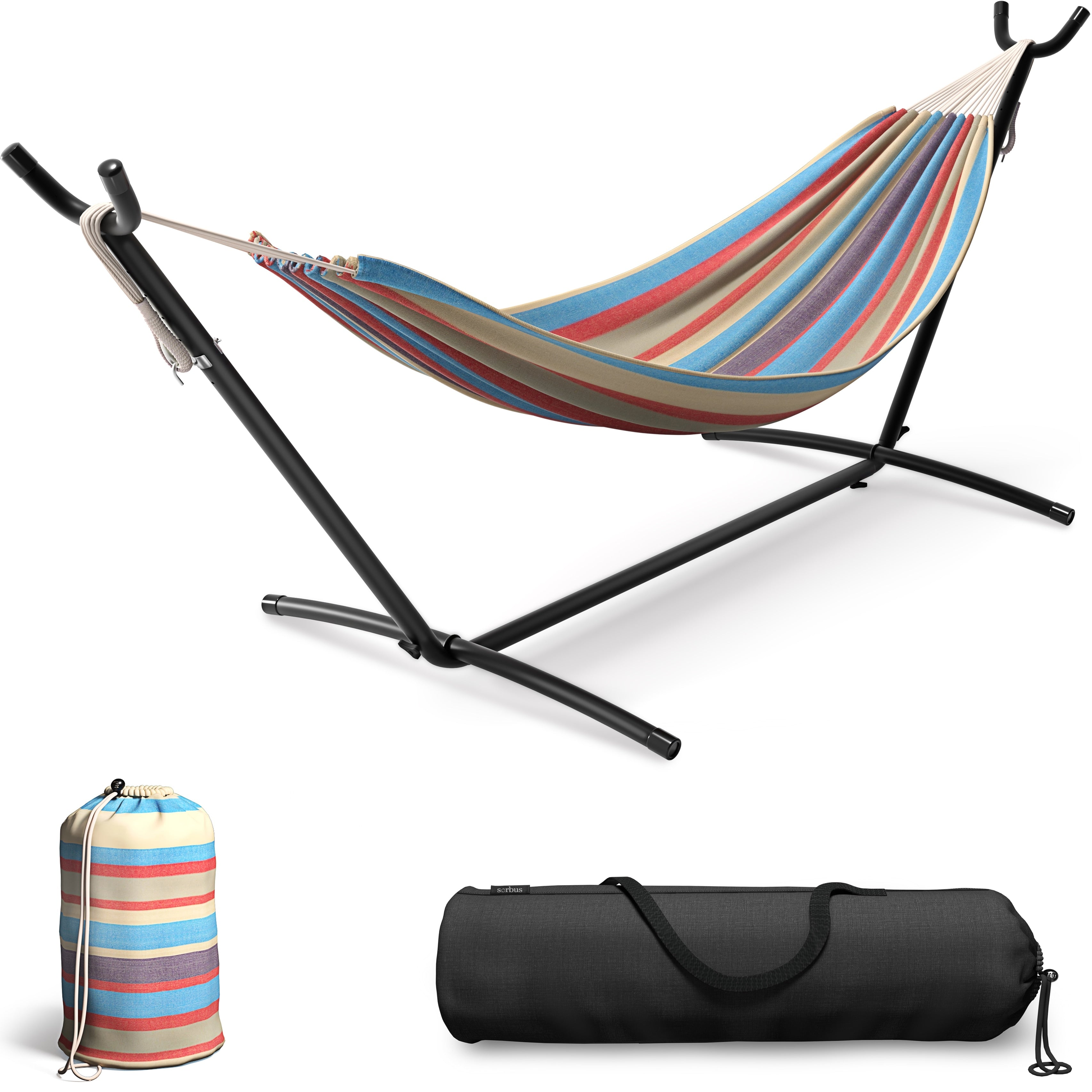 Brazilian Blue Sand Purple Red Stripes Double Hammock With Stand
