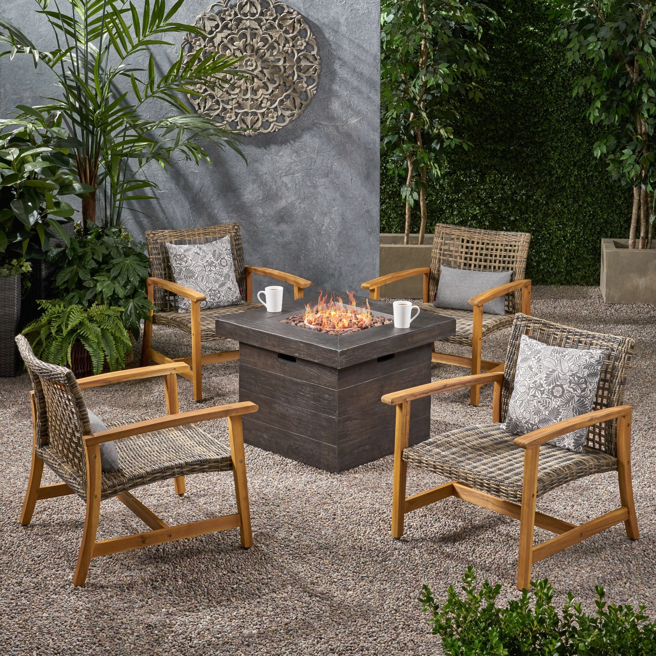 Breakwater Outdoor 5 Piece Wood And Wicker Club Chairs And Fire Pit Set By Christopher Knight Home