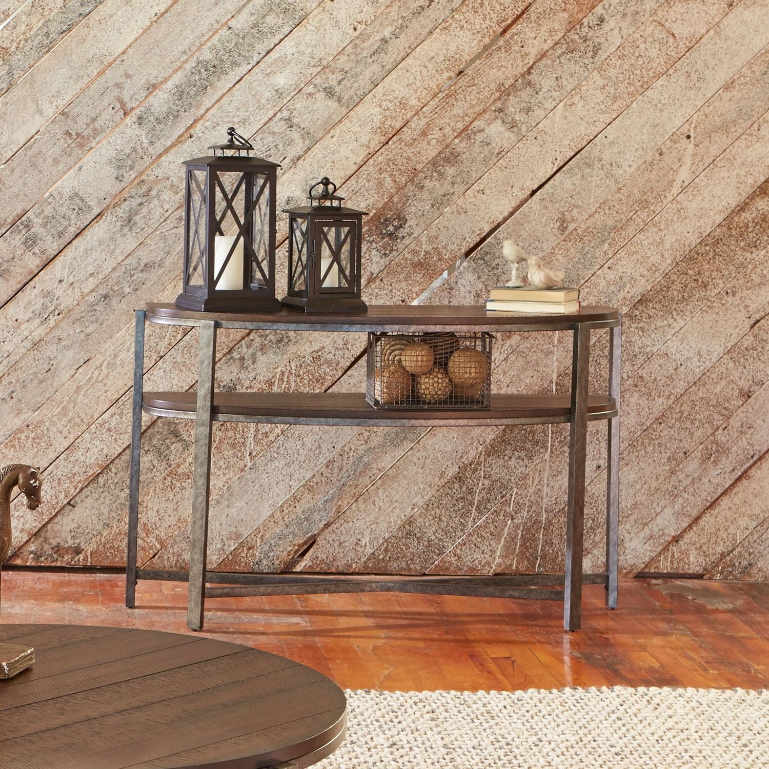 Breckinridge Mahogany Spice And Pewter Demi Lune Sofa Table