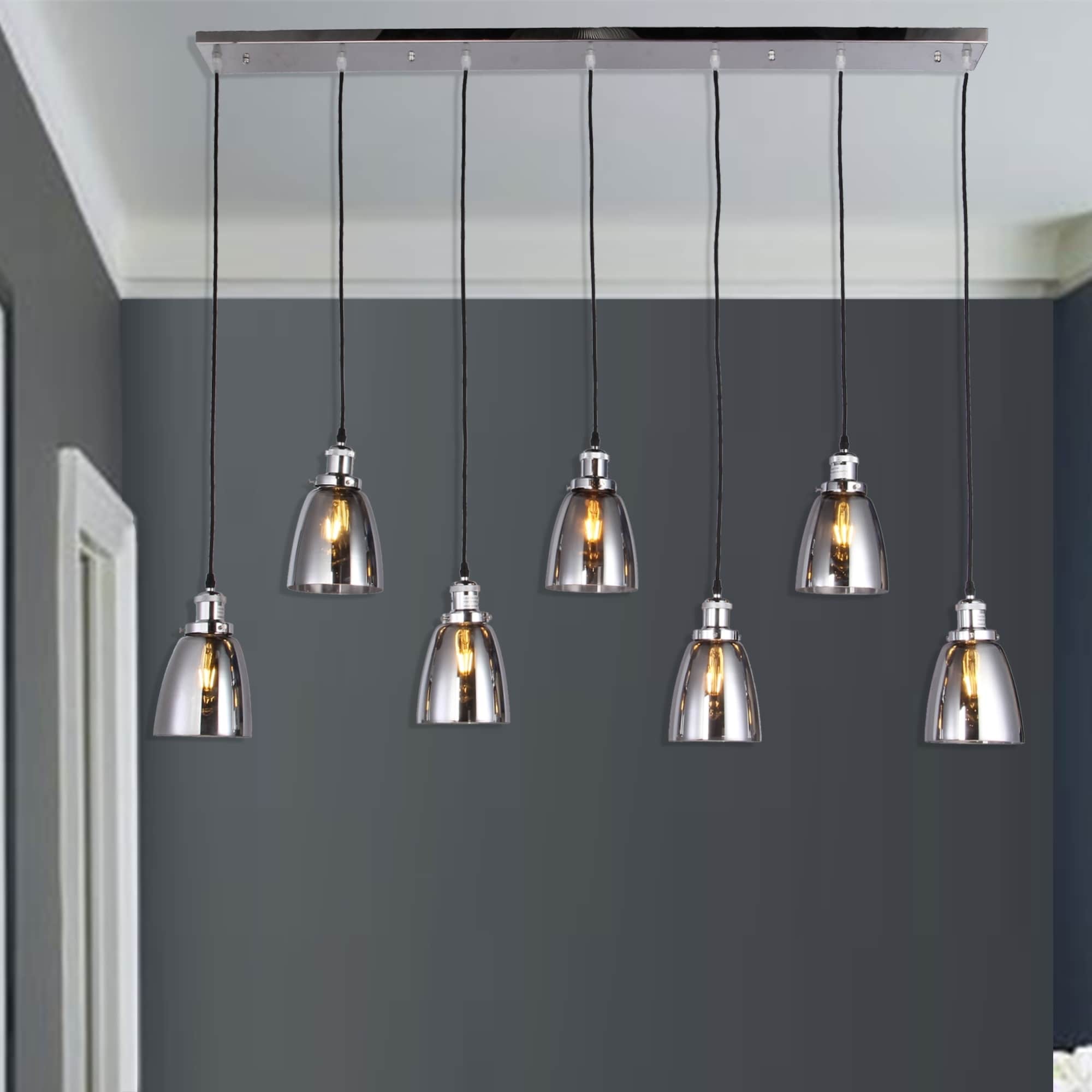 Breffa Chrome 7 Light Linear Chandelier Smoked Glass Shade Includes Edison Bulbs