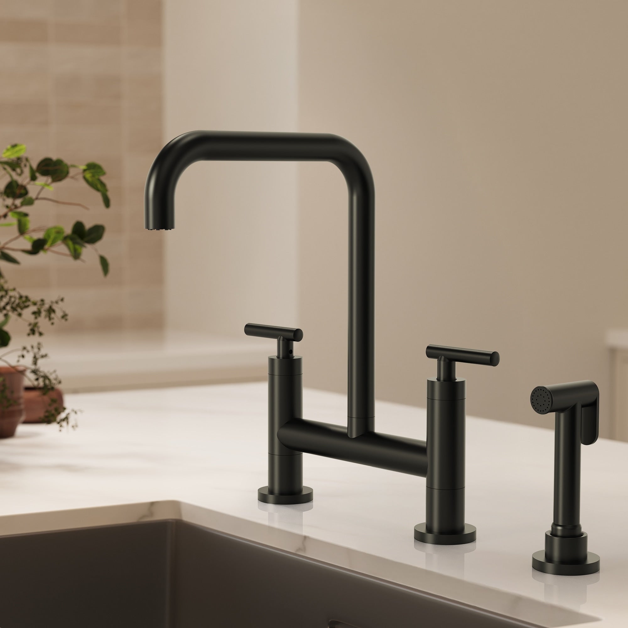 2 Handle Deck Mount Kitchen Faucet 2 Hole Bridge Kitchen Faucet With Side Sprayer