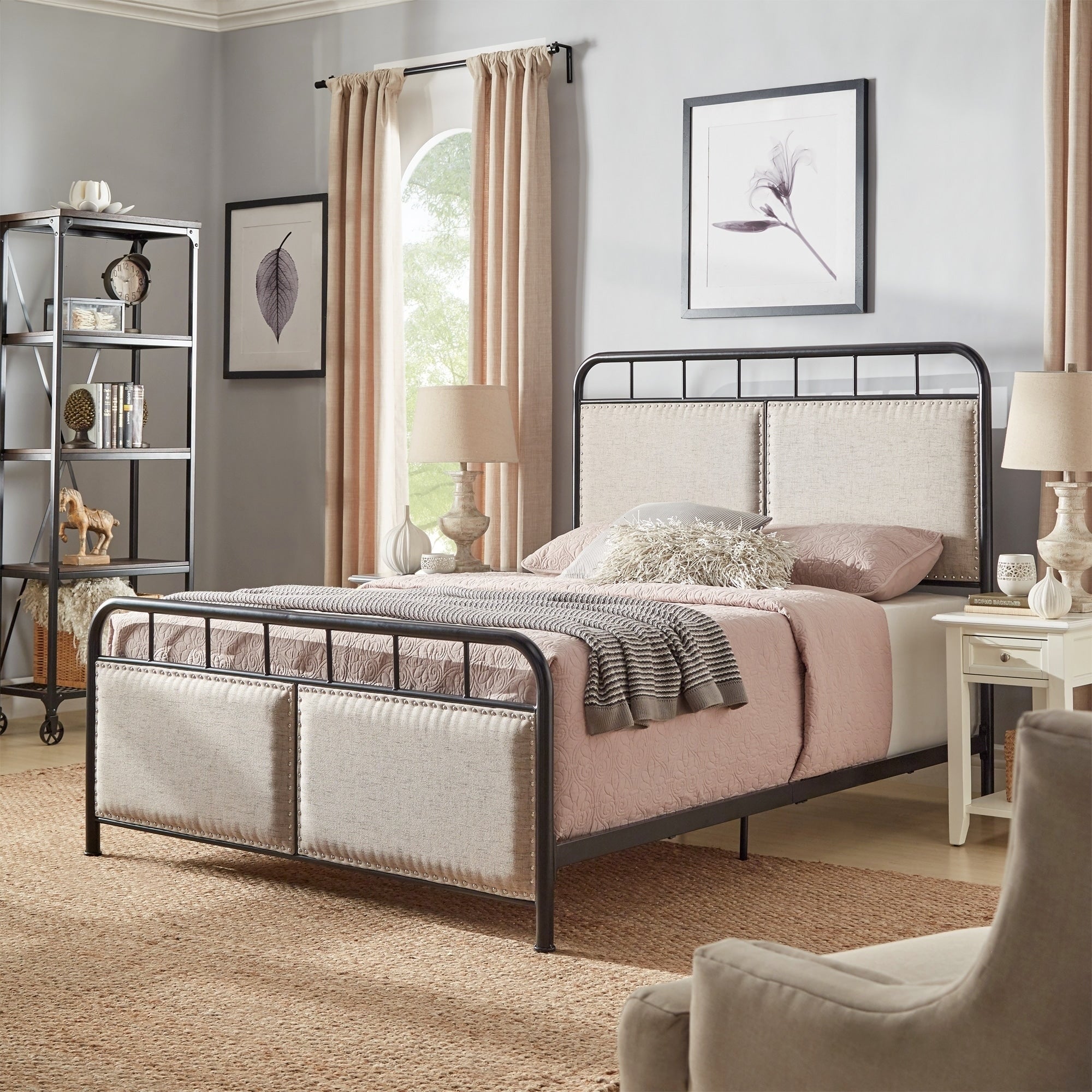 Bridgette Beige Upholstered Black Metal Queen Bed By Inspire Q Classic