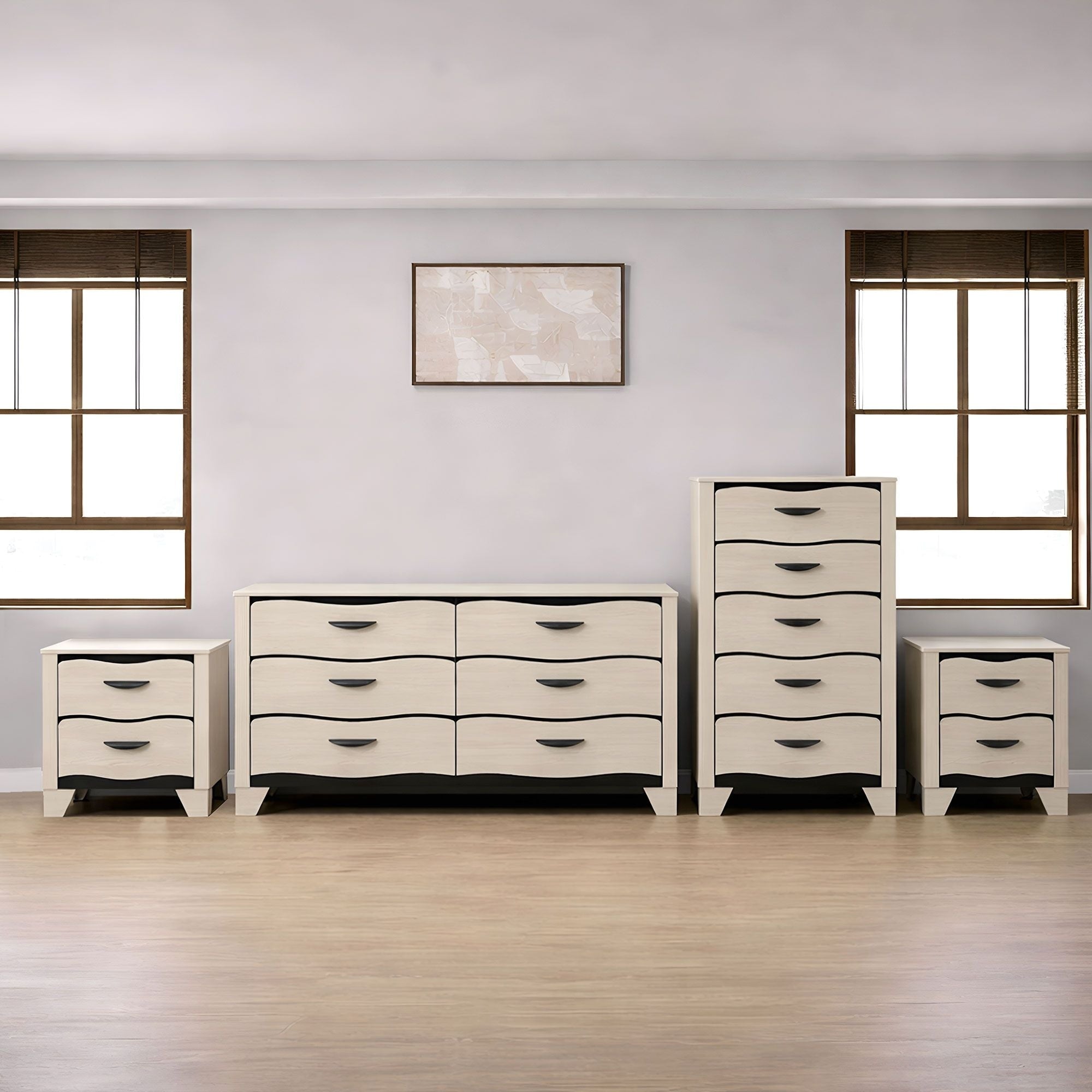 Brielle White Dark Brown Wave Engineered Wood 4 Piece Bedroom Set