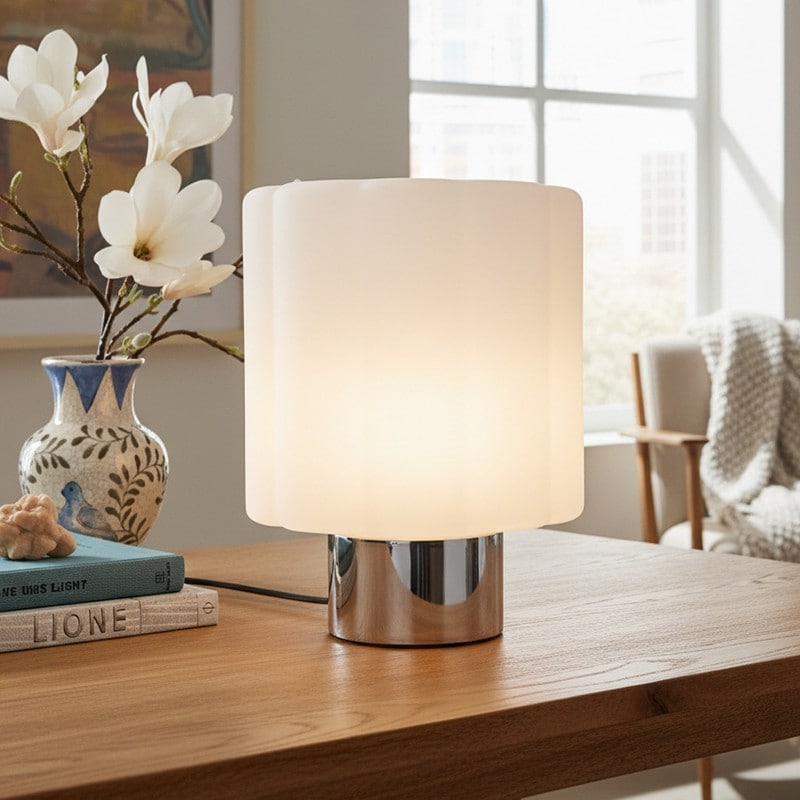 Brightech Addison 8.9 In Integrated Led Glossy Chrome Modern Gradient Dimming Nightstand Desk Lamp With White Glass Drum Shade