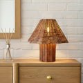 Brightech Leon 13 In. Woven Beige Rattan Mid Century Coastal Led Bedside Nightstand Desk Lamp With Matching Woven Empire Shade