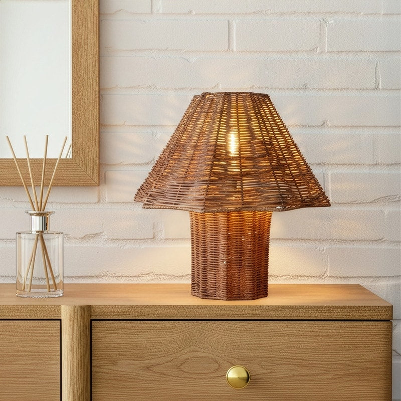 Brightech Leon 13 In. Woven Beige Rattan Mid Century Coastal Led Bedside Nightstand Desk Lamp With Matching Woven Empire Shade