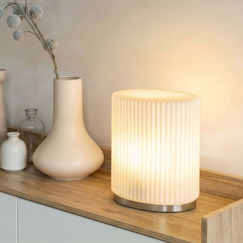 Brightech Lumi 7.36 In Led Frosted White Glass Modern Industrial Oval Cylinder Gradient Dimming Nightstand Desk Lamp
